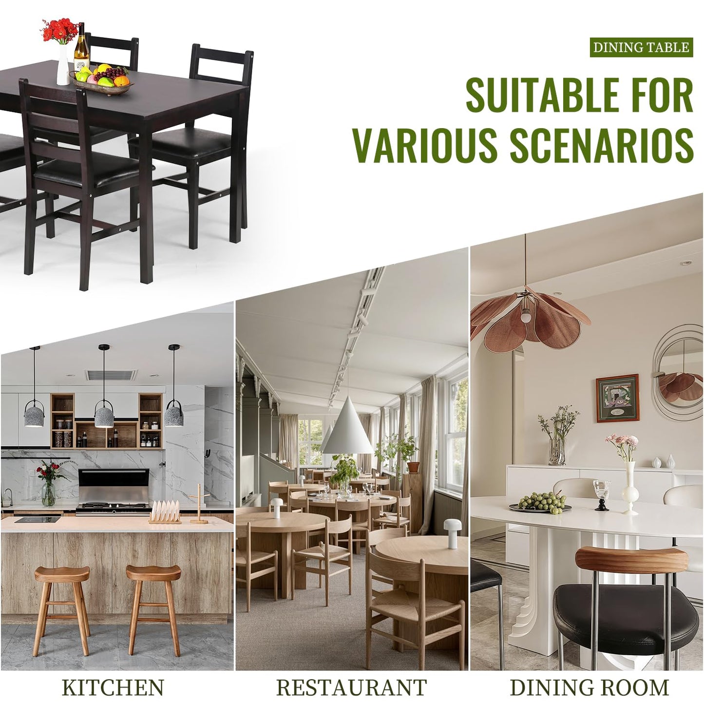 FDW | 5-Piece Solid Wood Dining Table Set for 4 | Pine Kitchen Table with Upholstered Chairs | Space-Saving Design | Smooth Easy-to-Clean Surface | Brown | for Dining Room, Apartment, Restaurant