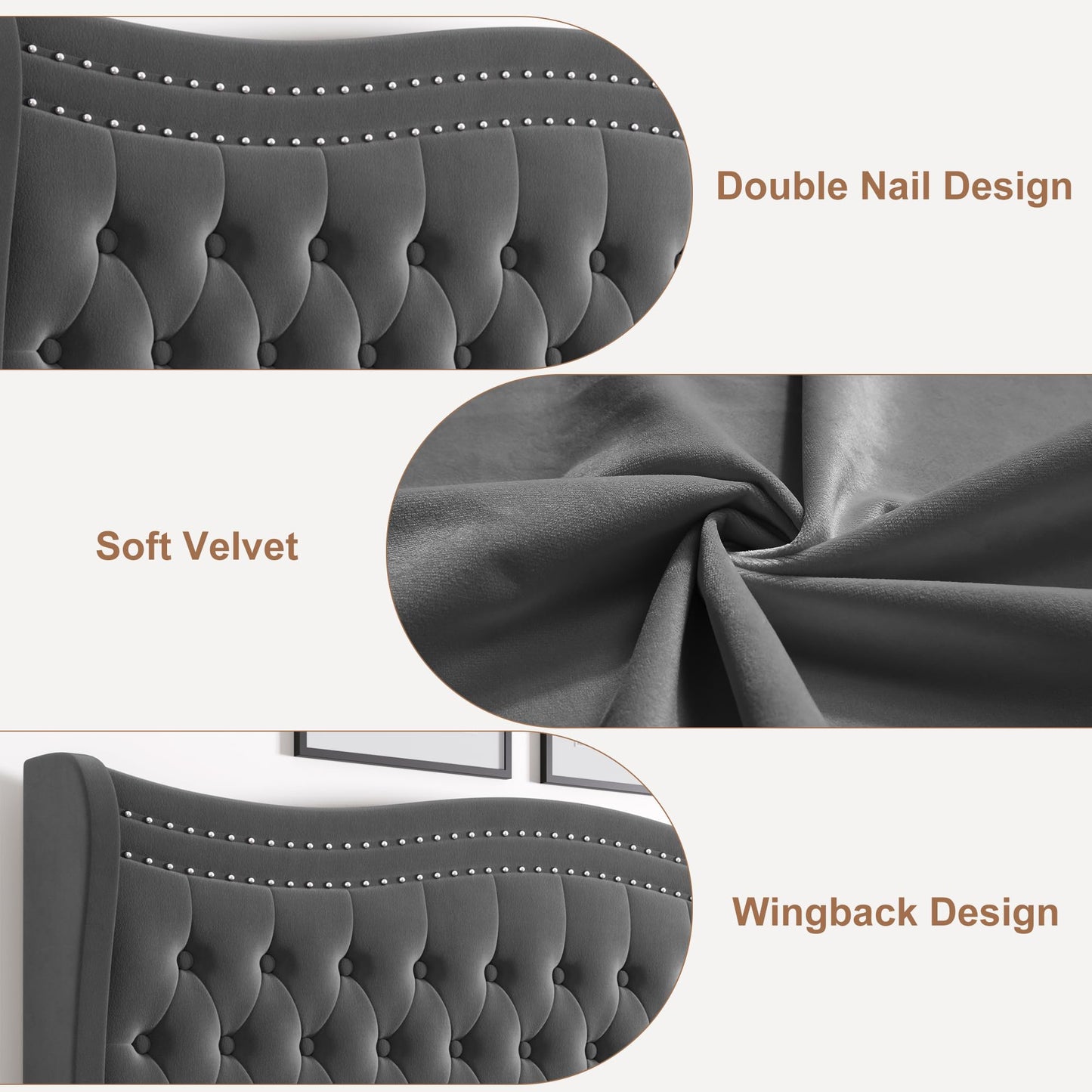 VINTLJUS Full Bed Frame with Tall Headboard & Footboard, Velvet Upholstered Platform Bed Frame with Deep Button Tufted Wingback, No Box Spring Needed, Noise Free, Grey