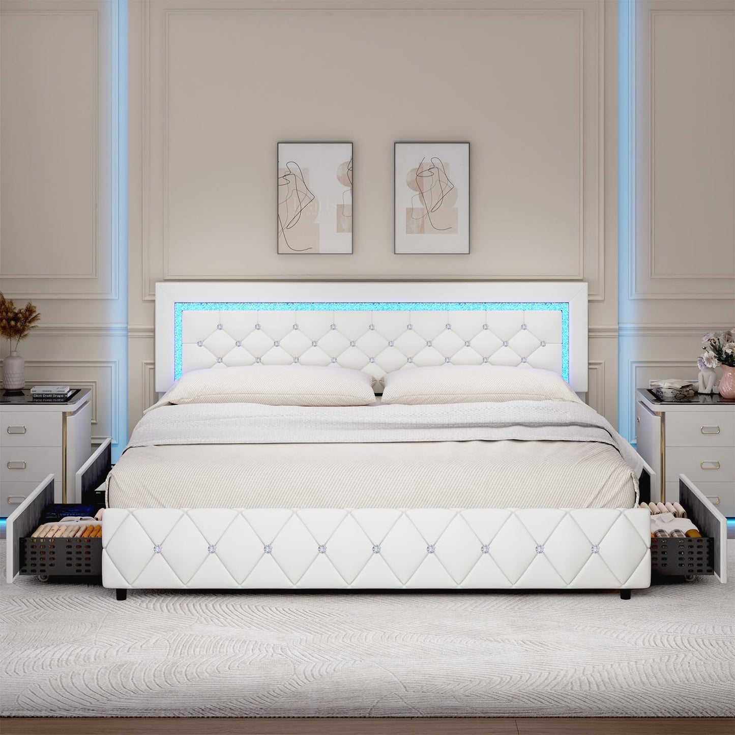 King Size Bed Frame with LED Lights and Storage Drawers, Upholstered Platform Bed with Diamond Tufted Headboard, Wooden Slats Support, No Box Spring Needed, Easy Assembly, White