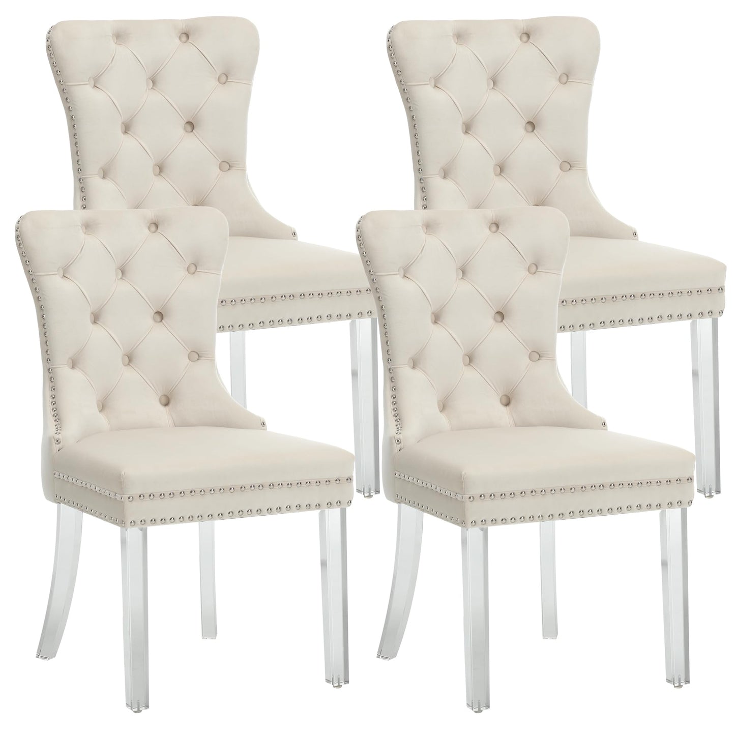 KCC Velvet Dining Chairs Set of 4, Upholstered Tufted Wingback Dining Room Chair with Nailhead Back Ring Pull Trim Solid Acrylic Legs, Contemporary Nikki Collection Style for Kitchen, Beige