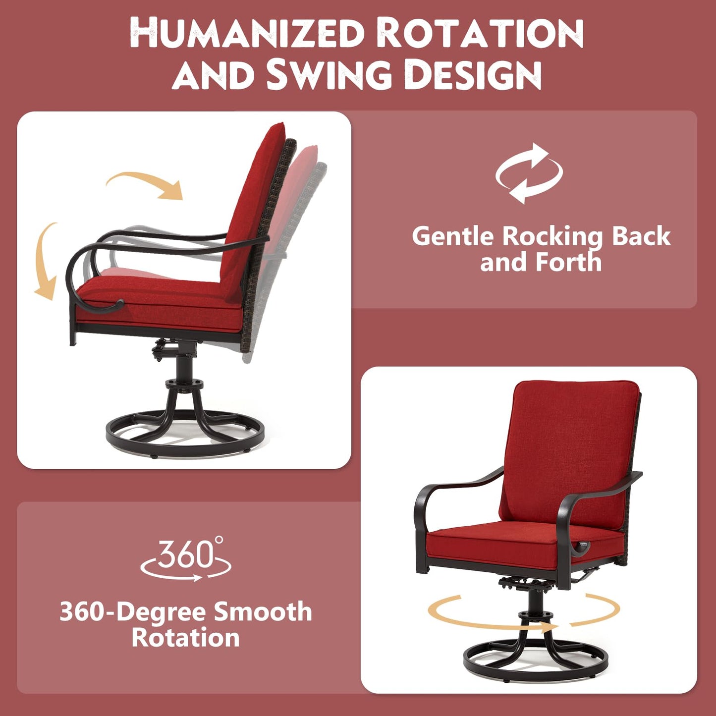 MELLCOM Patio Swivel Chair Set of 2, Outdoor Dining Chairs with Thickened Cushions, Wicker Chairs with Gentle Rocker for Porch, Red