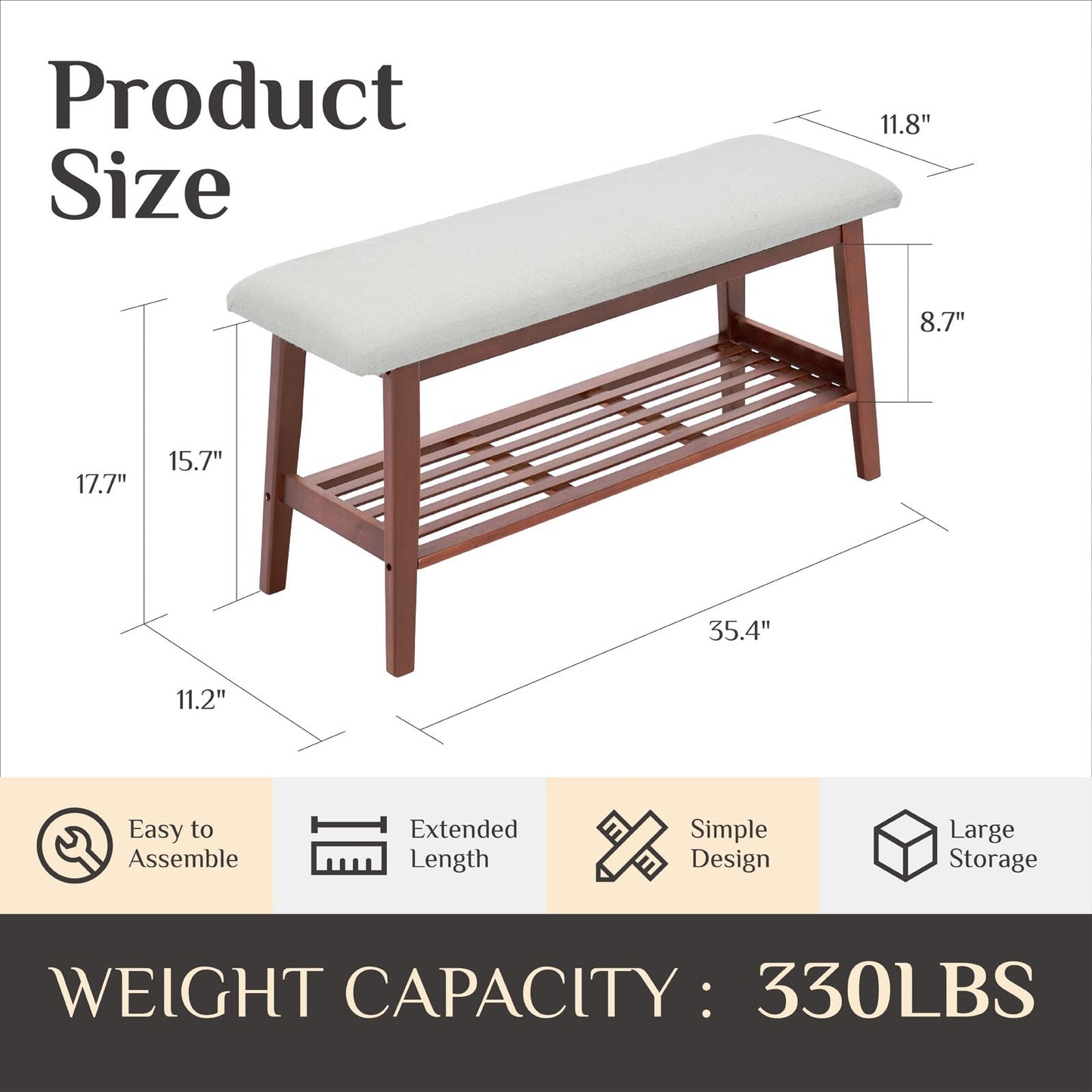 oakvivo Entryway Shoe Bench, 35.4" Bamboo Bench for Bedroom End of Bed, 2-Tier Shoe Rack with Cushion Padded Seat, Shoe Organizer Stable for Entry Hallway Living Room Bedroom, 35.4"W x11.2"D x 17.7"H