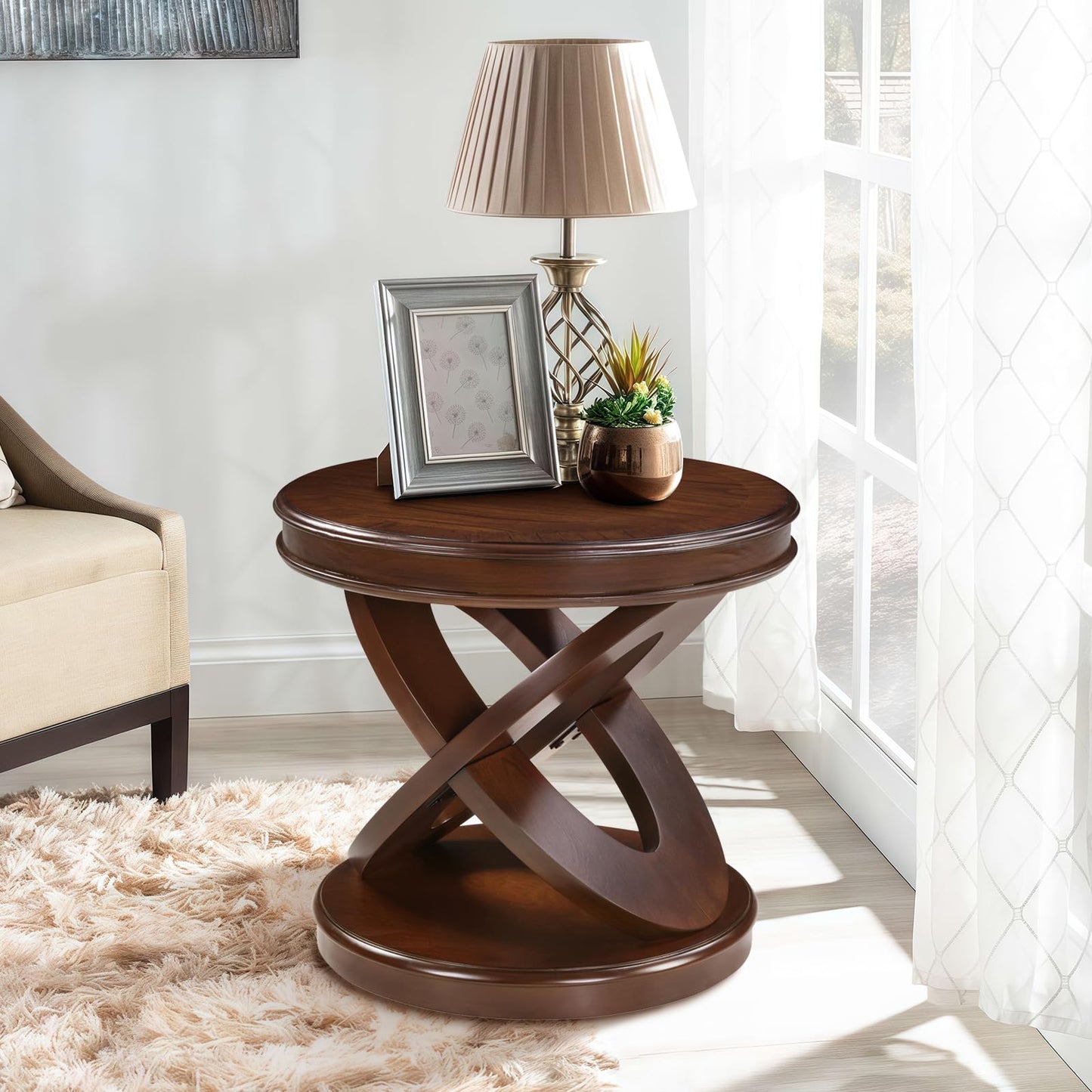 LKTART Wood Coffee Table Set of 3, Oval Coffee Table and Round End Tables Living Room Set of 2, Vintage Side Table with X-Shape Support,Walnut