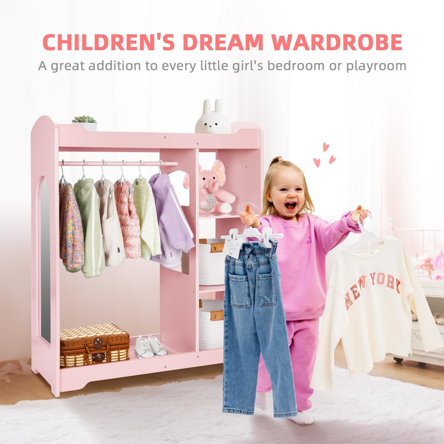 OOOK Kids Clothing Rack and Armoire with Mirror, Appropriate Height Kids Dress up Storage with Anti-tip Device, Helping Children Manage Own Clothes, Nice Dressers for Bedroom, Nursery