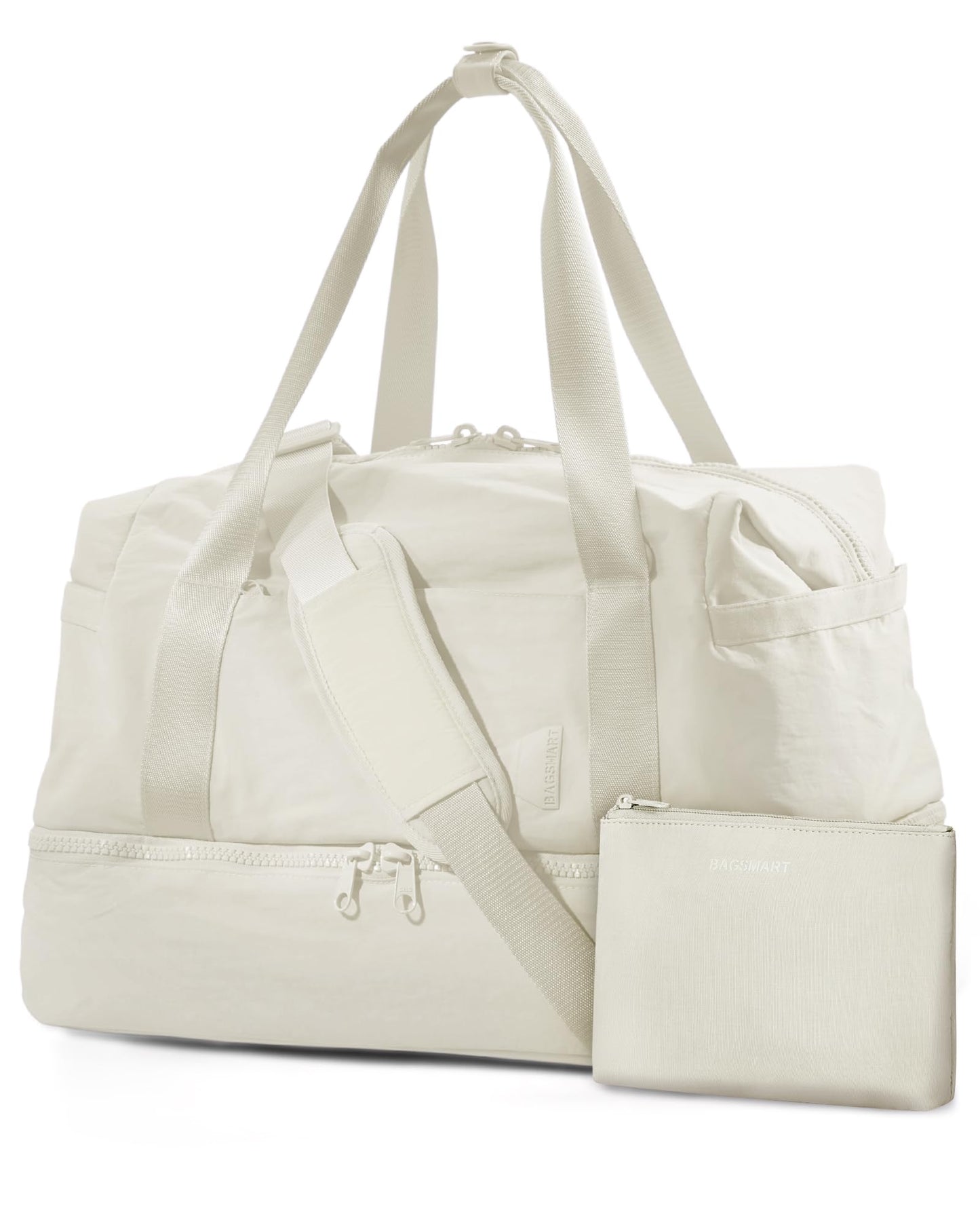 Weekender Bags for Women, BAGSMART Travel Duffel Bags with Shoe Compartment,Personal Item Travel Bag for Airlines, Carry on Overnight Tote Bag with Toiletry Bag (Light Beige)
