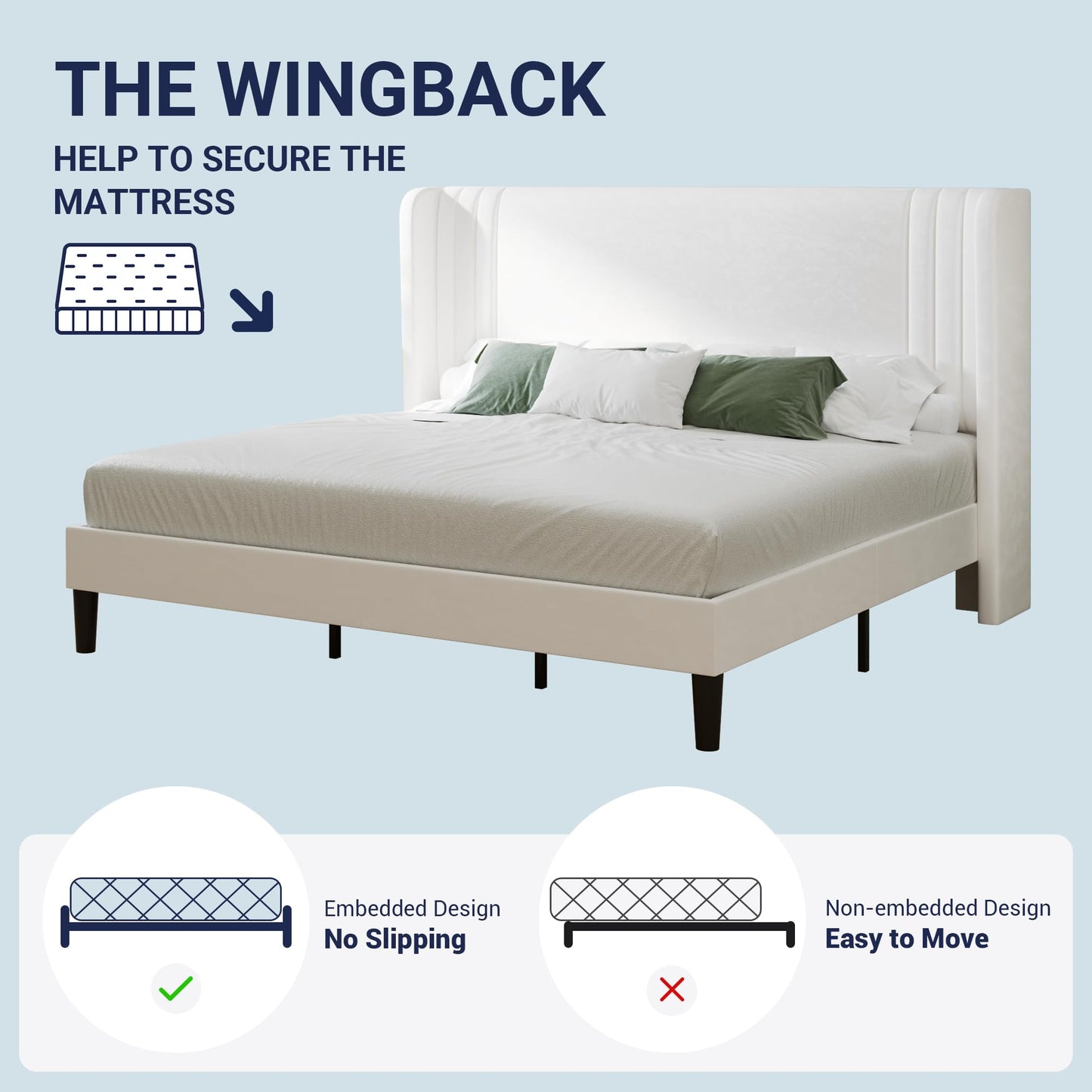 Allewie King Size Velvet Platform Bed Frame with Vertical Tufted Wingback Headboard, Easy Assembly, Under Bed Storage, No Box Spring Required, Modern Style, White