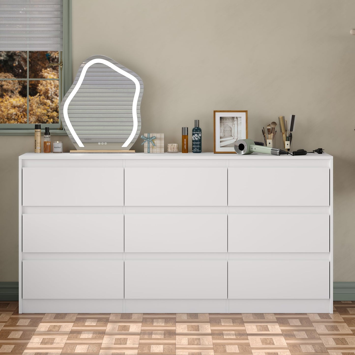 Furniouse Modern 9 Large Storage Drawers Dresser for Clothes Organizer, White Modern Chest of Drawers for Closet,63" Long Drawer Organizer Cabinet for Bedroom,Living Room,Entryway,Hallway