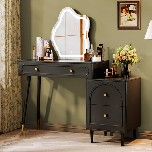 Chrangmay 31.5" White Stylish Corner Makeup Vanity Table,with Lighted Mirror and 4 Spacious Drawers,Bedroom Essential Dressing Table with Nightstand,Modern Minimalist Writing Desk for Girls,Black