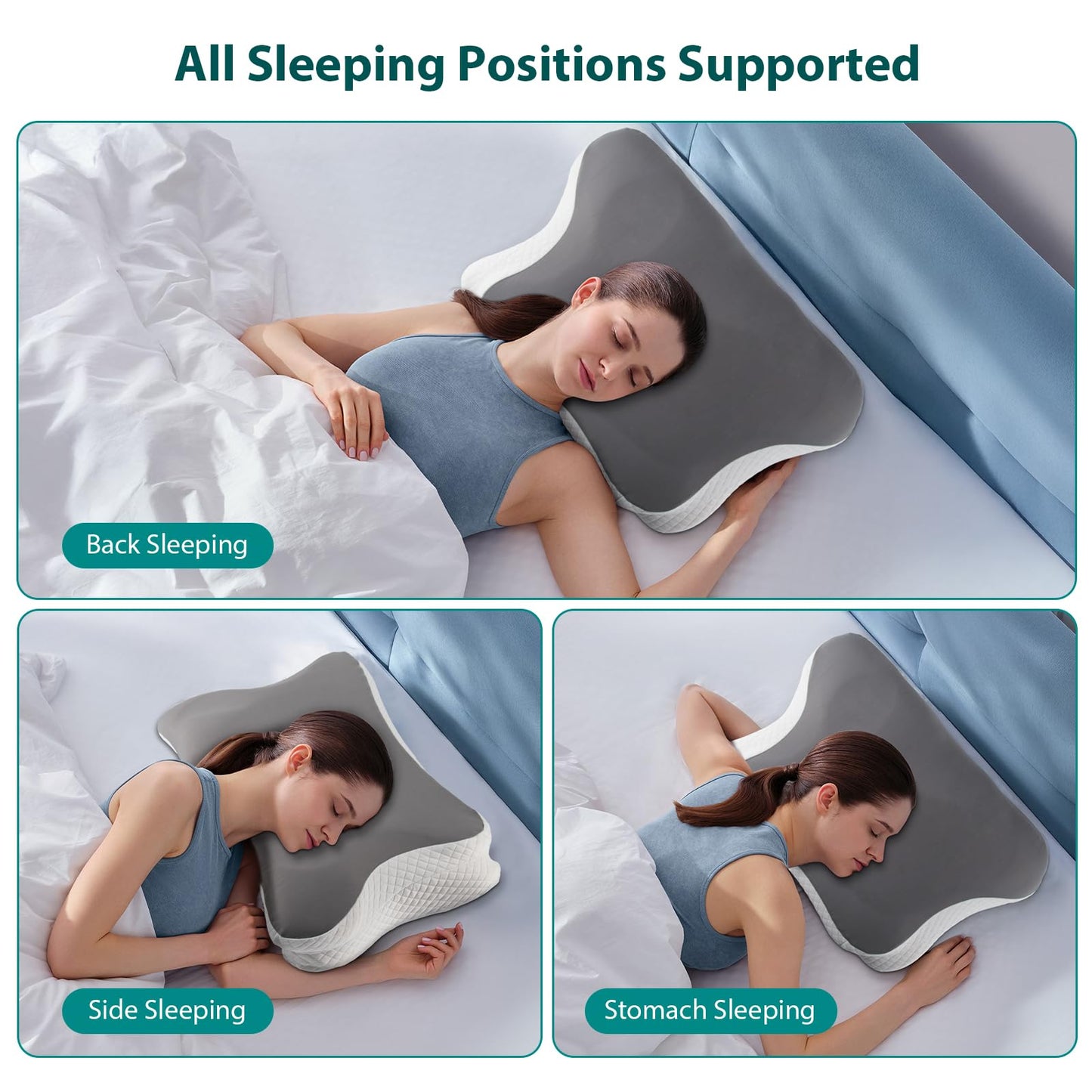 Cervical Pillow for Neck and Shoulder Pain Relief, Ergonomic Side Sleeper Pillow for Back Stomach Sleeping, Memory Foam Contour Neck Support Pillows with Cooling Pillowcase (Grey)