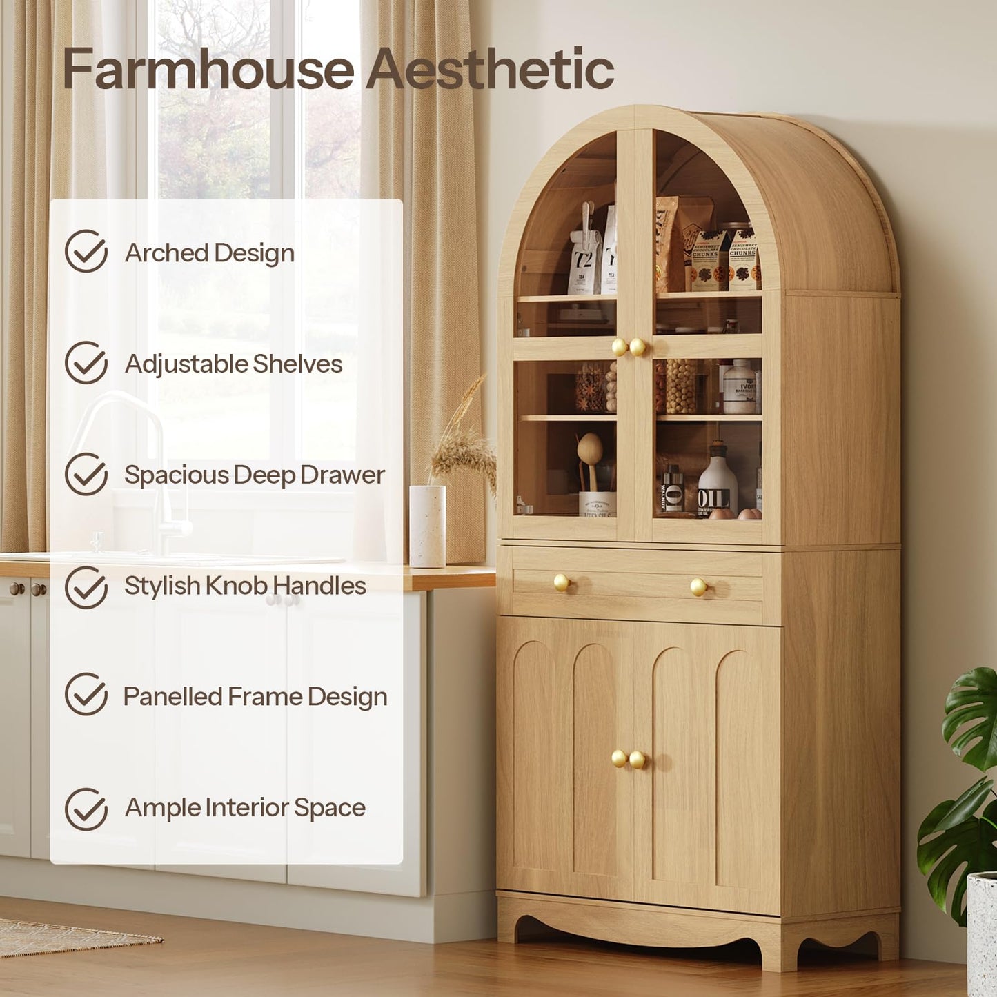 HOOBRO Arched Kitchen Pantry Cabinet, 71" Tall Pantry Cabinet with Drawer, Glass Door and Adjustable Shelves, Farmhouse Kitchen Storage Cabinet, for Living Room, Dining Room, Natural NL63PC01