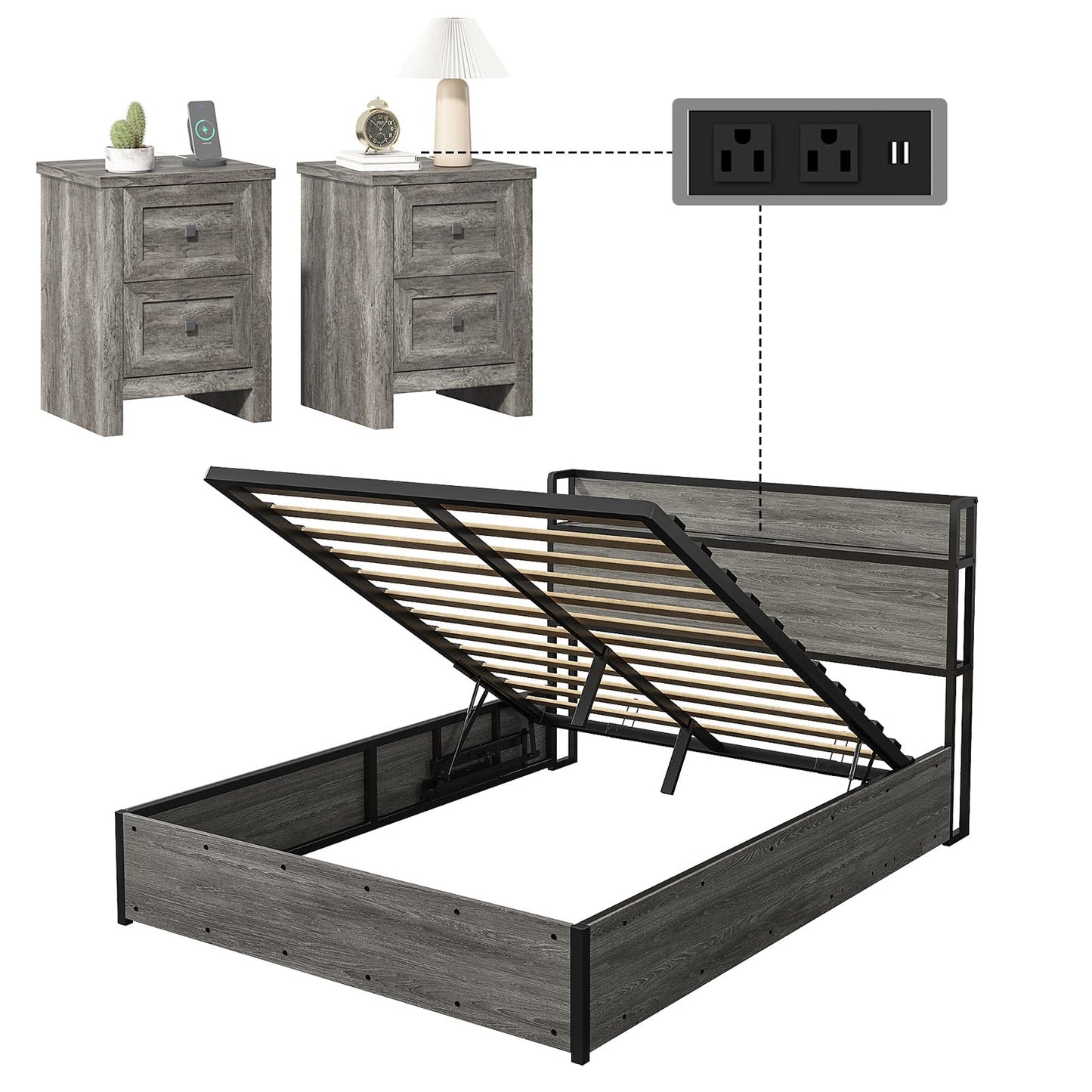 LUXOAK 3 Pieces Bedroom Sets, Includes Full Size Lift Up Storage Bed with Storage Headboard & Charging Station, 2 Drawers Farmhouse Nightstand Set of 2 with Charging Station, Rustic Grey