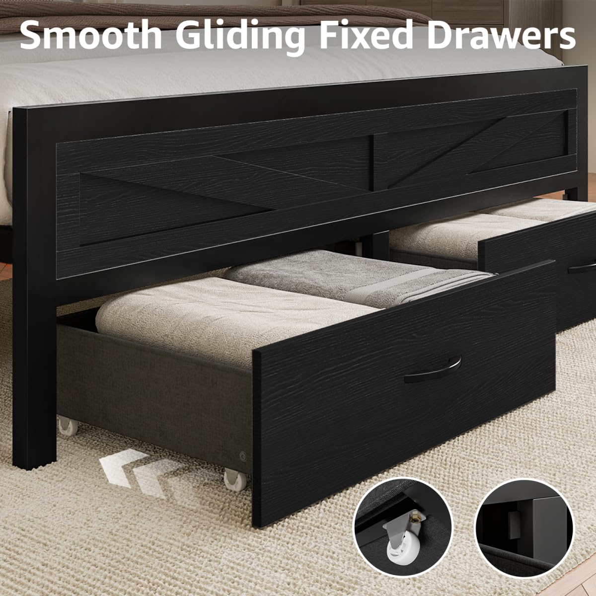 Siihnon Rustic King Size Bed Frame with Storage Drawers and Barn Door Headboard, Farmhouse LED King Bed Frame with Charging Station, Metal Industrial Platform Bed Frames, No Box Spring Needed, Black