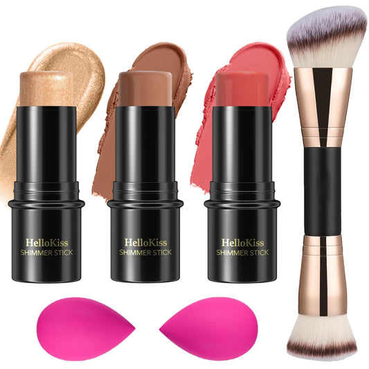 3 Pcs Cream Contour Stick Makeup Kit, Shades with Highlighter, Blush and Bronzer Contour Stick for Sculpt the Cheeks, Waterproof, Matte & Dewy Finish (Medium,#04+#07+#14)