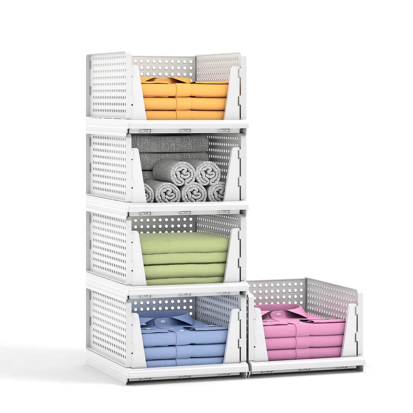 MSHOMELY 5 Packs Stackable Plastic Storage Basket for Closet Foldable Closet Organizers and Storage Bins for Shelves Storage Drawer Container for Clothes, Wardrobe, Pantry, 5L