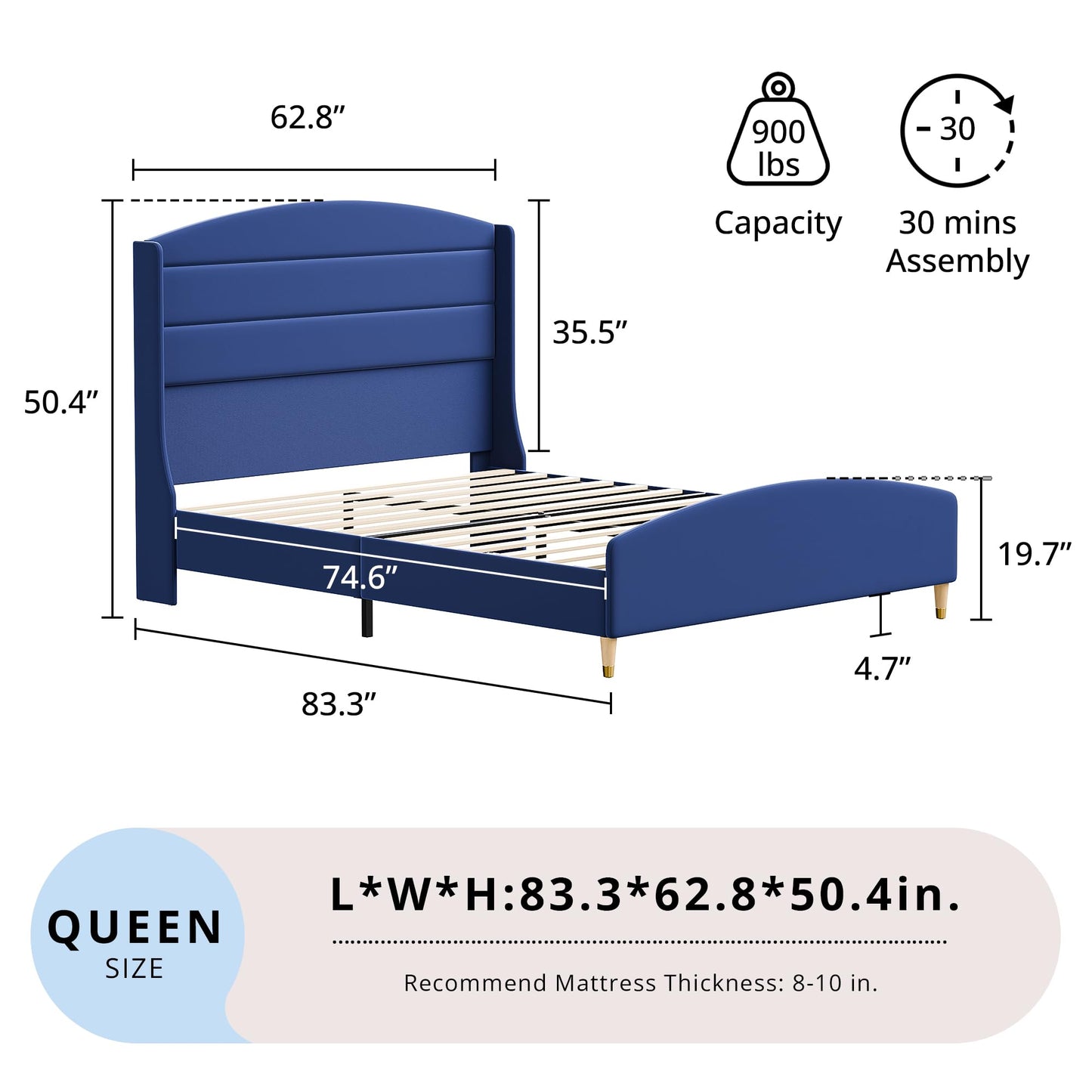 Cozy Castle Queen Size Bed Frame 50.4" High Wingback Headboard Velvet Upholstered Bed/No Box Spring Required/Wood Slat Support/Easy Assembly (Navy Blue)