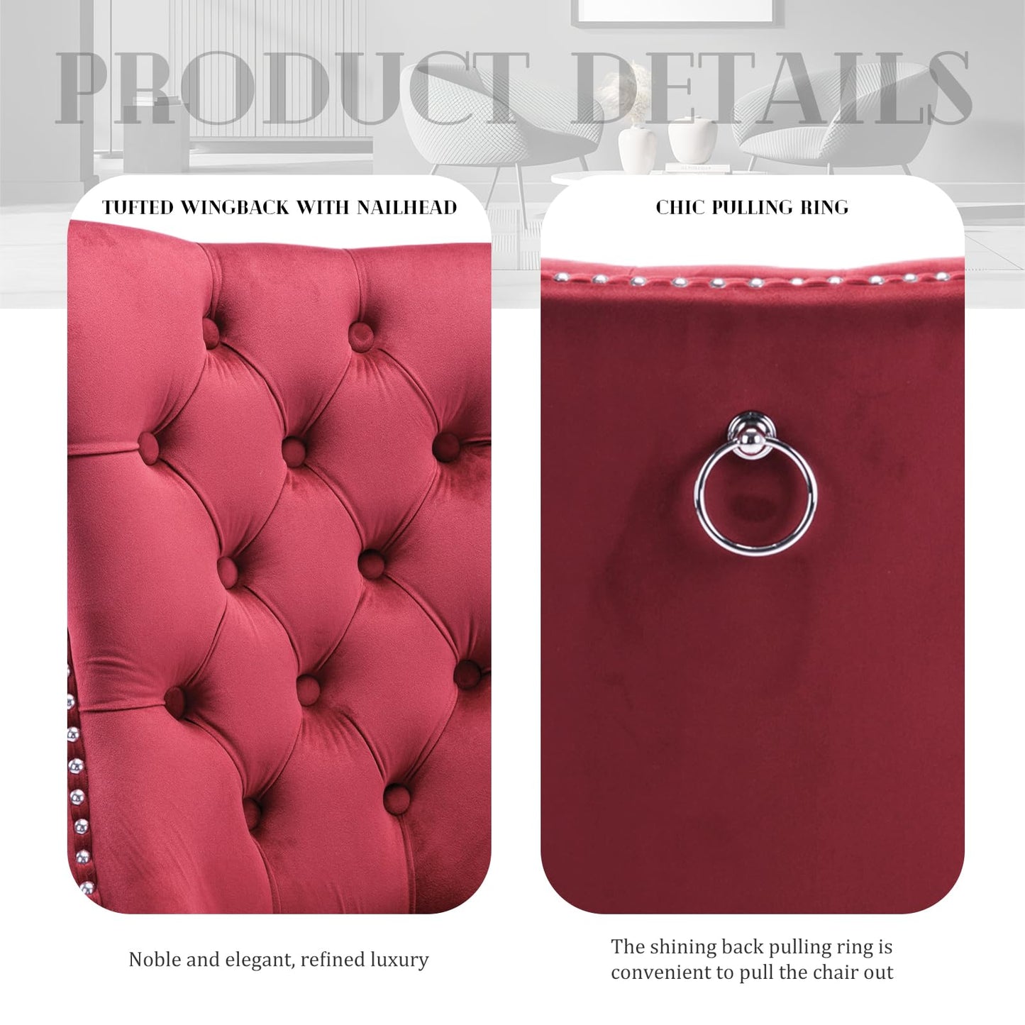 SoarFlash Velvet Dining Chair Set of 4, Upholstered Tufted Dining Room Chair with Nailhead Trim and Solid Wood Leg for Kitchen (Wine Red)
