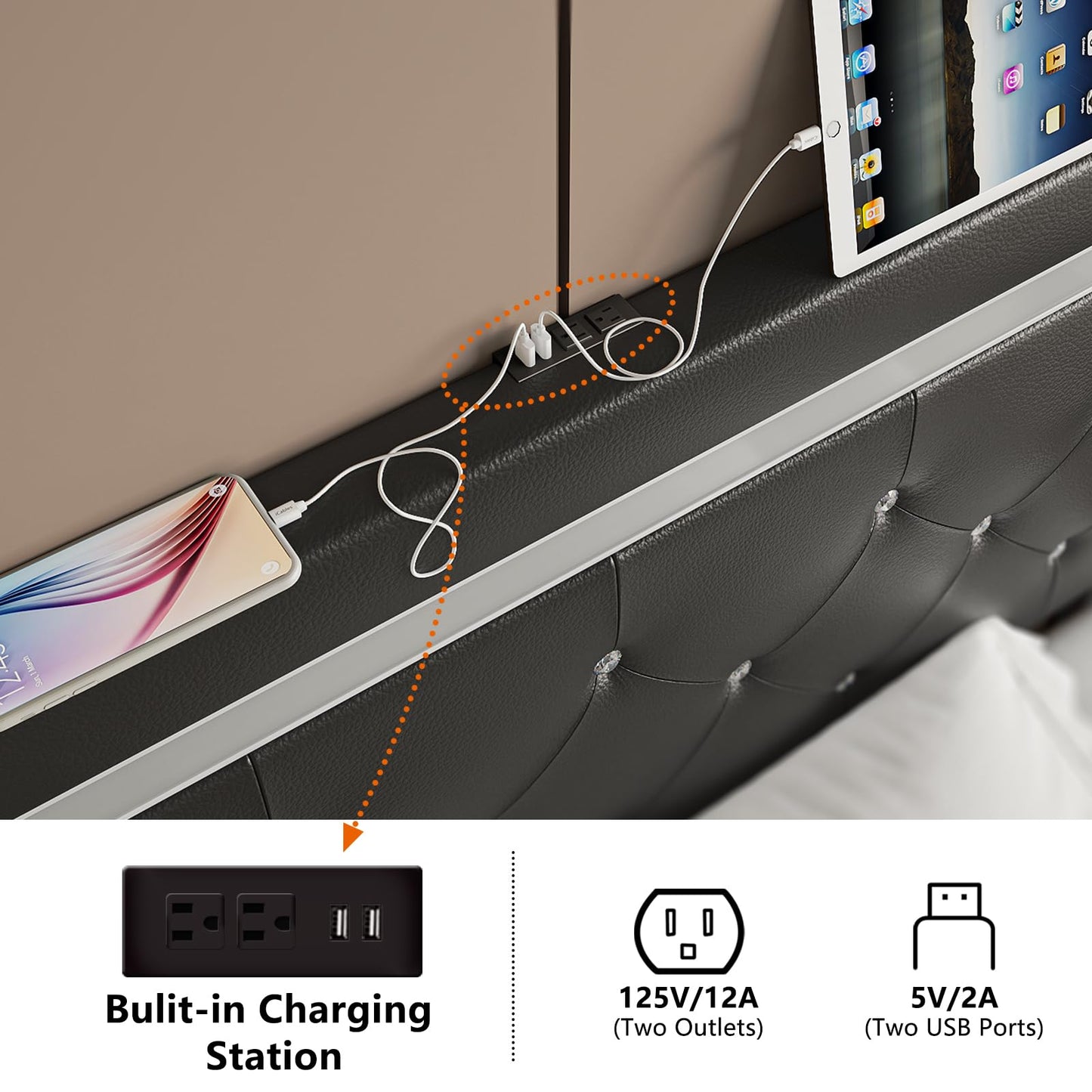 Benevika Full Size Bed Frame with LED Lights, Upholstered Platform Bed Frame with Adjustable Headboard and Charging Station, Wooden Slats Support, Easy Assembly, No Box Spring Needed, Black