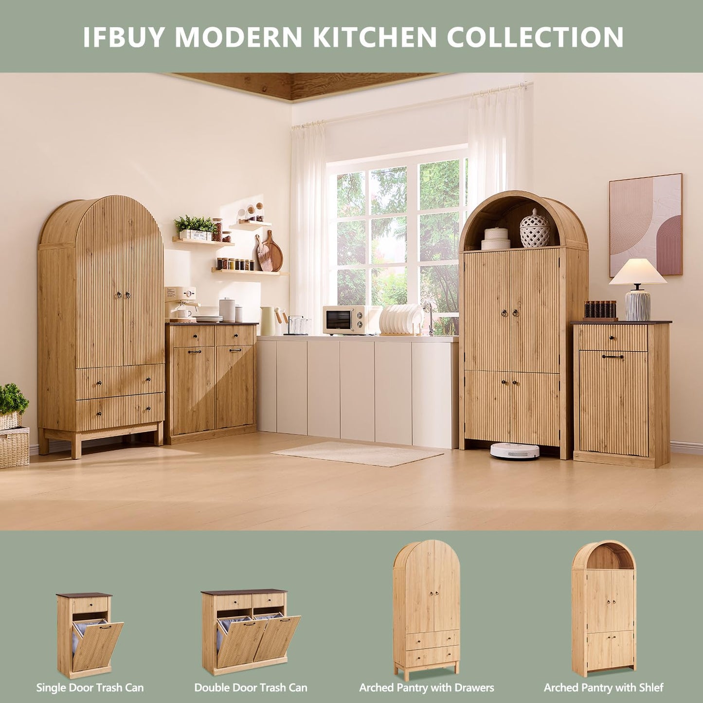 IFBUY 71" Tall Arched Bathroom Storage Cabinet, Modern Fluted Storage Cabinet w/Doors, 3 Adjustable Shelves, 6 Door Shelves, Wood Freestanding Cabinet for Bathroom, Entryway, Hallway, Natrual