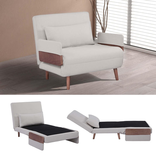 CITTANEO Convertible Sleeper Chair, 3-in-1 Chair Bed Sleeper for Adults with 3-Position Adjustable Backrest, Pillow and Wooden Arms, Folding Sofa Bed for Apartment, Dorm, Office, Beige