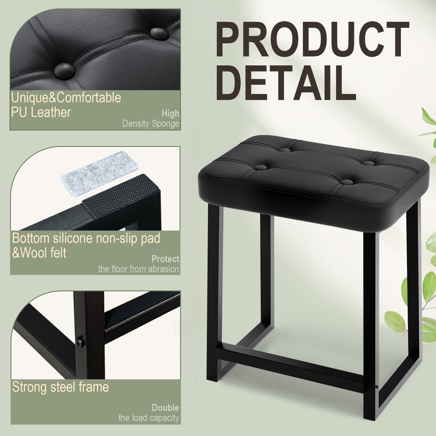 iTsst Vanity Stool Chair, Makeup Stool for Vanity,Small Ottoman Footrest for Bathroom, Bedroom, Living Room, Entryway, Offices，Leather &Metal Legs with Anti-Slip Feet, Black