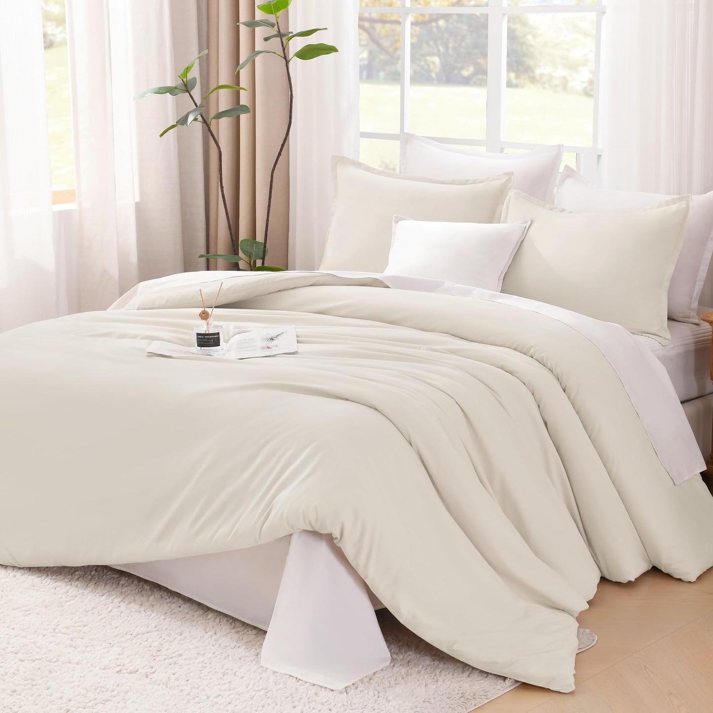 Litanika Queen Comforter Set Beige, 3 Pieces Lightweight Fluffy Solid Bedding Comforter Set, Down Alternative Comforter All Season Bed Set Gift Choice