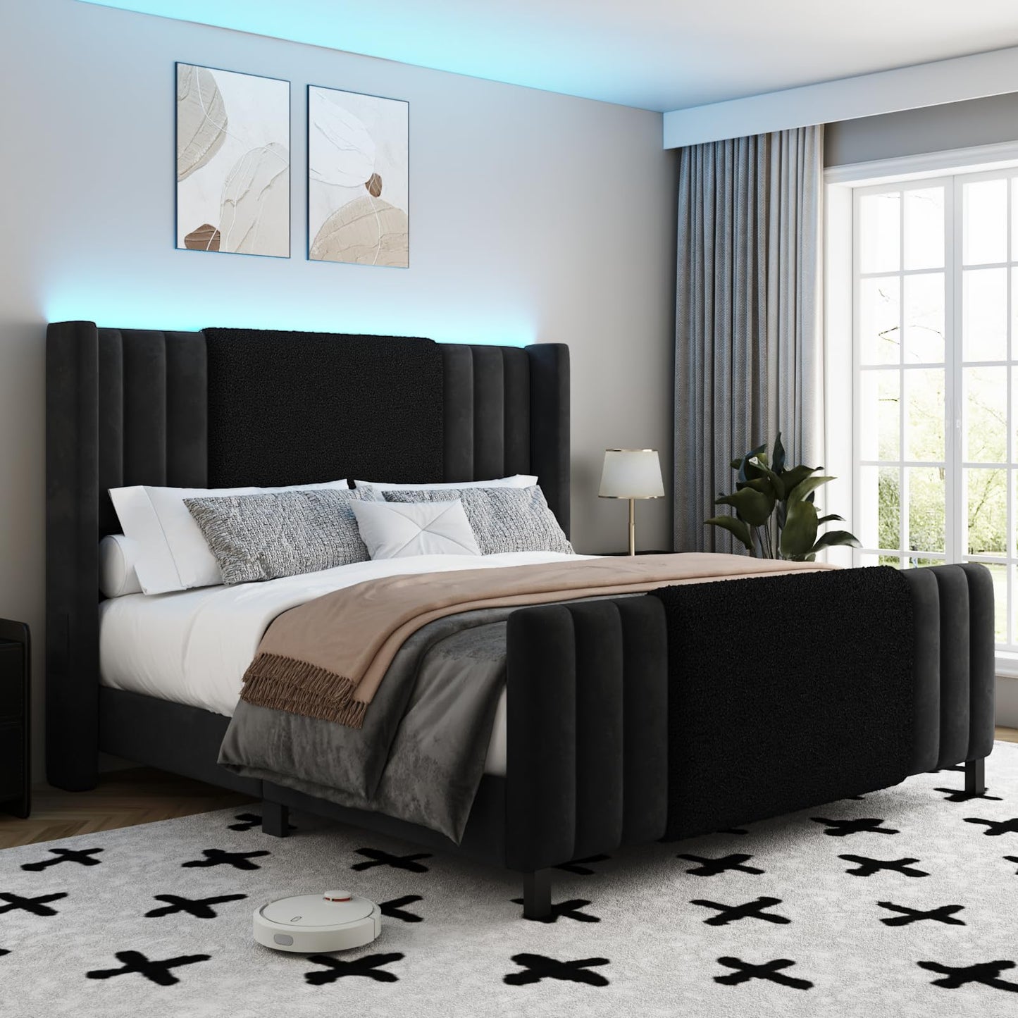 Lihimte Queen Size Bed Frame with Tall Headboard and Footboard, Boucle and Velvet Upholstered Bed Frame Queen with LED Lights, Modern Platform Bed Frames, Noiseless, Easy Assembly, Black