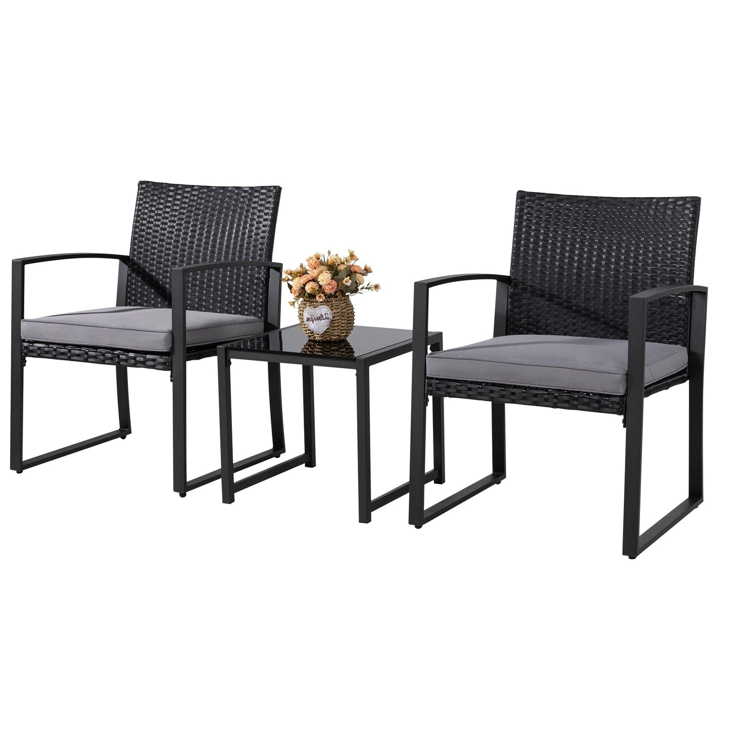 Shintenchi 3 Pieces Outdoor Patio Furniture Set, Modern Wicker Bistro Set, Conversation Rattan Chair of 2 with Coffee Table for Yard Porch Poolside Lawn(Grey Cushion)