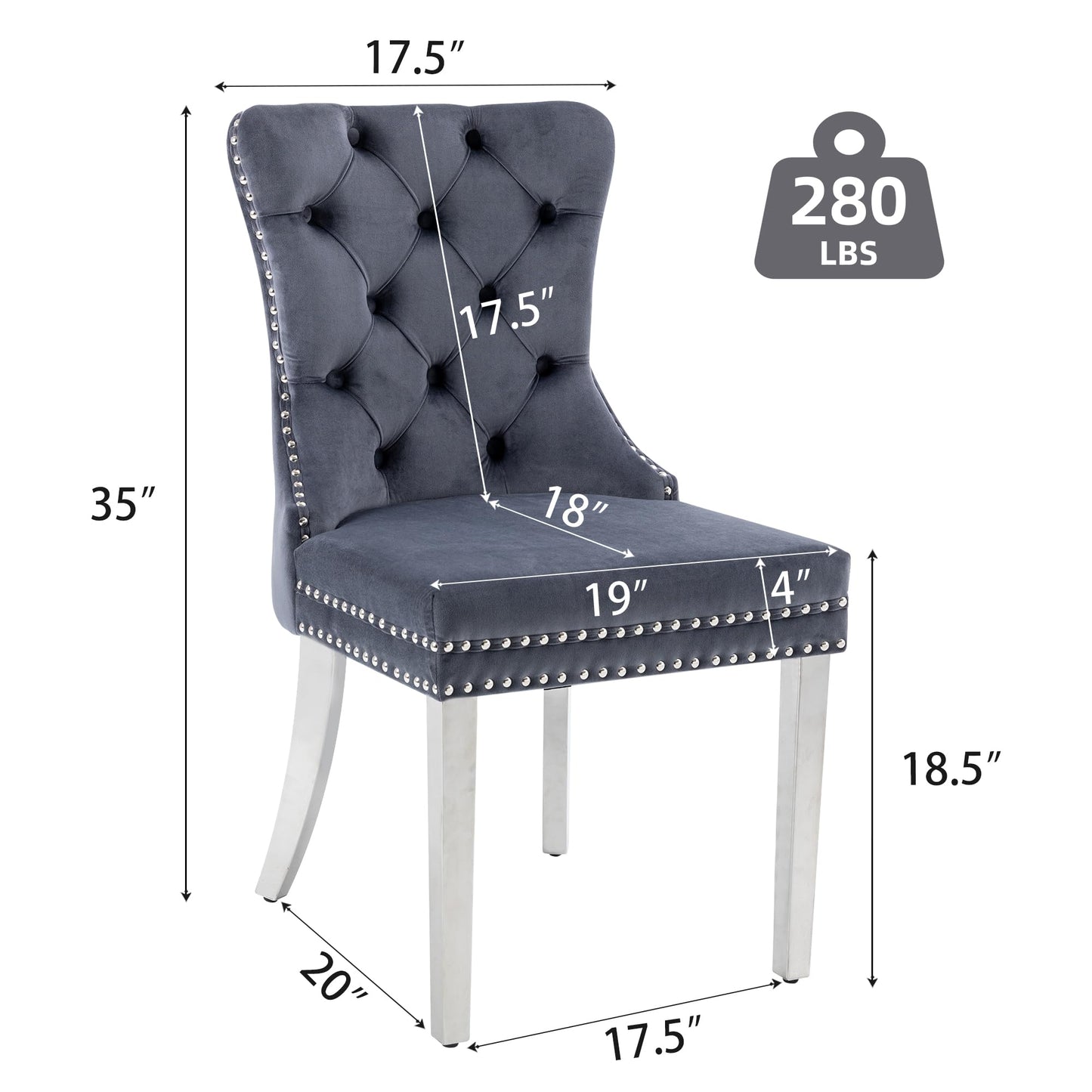 GOOLON Dining Room Chairs Set of 4, Tufted Velvet Chairs with Modern Stainless Steel Legs, Rivet Trim Metal Pull Ring Large Back for Kitchen Dining Room Restaurant, Dark Gray