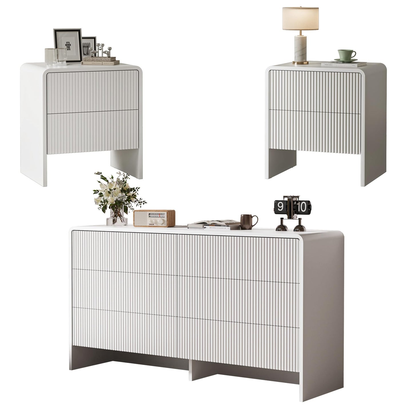 MAISONARIA 3-Piece Curved Dresser Bedroom Set, 6 Drawer Dresser & 2 Drawer Nightstands with Pop-up Design, Fluted Wood Chest of Drawers for Bedroom, Living Room, Entryway, White