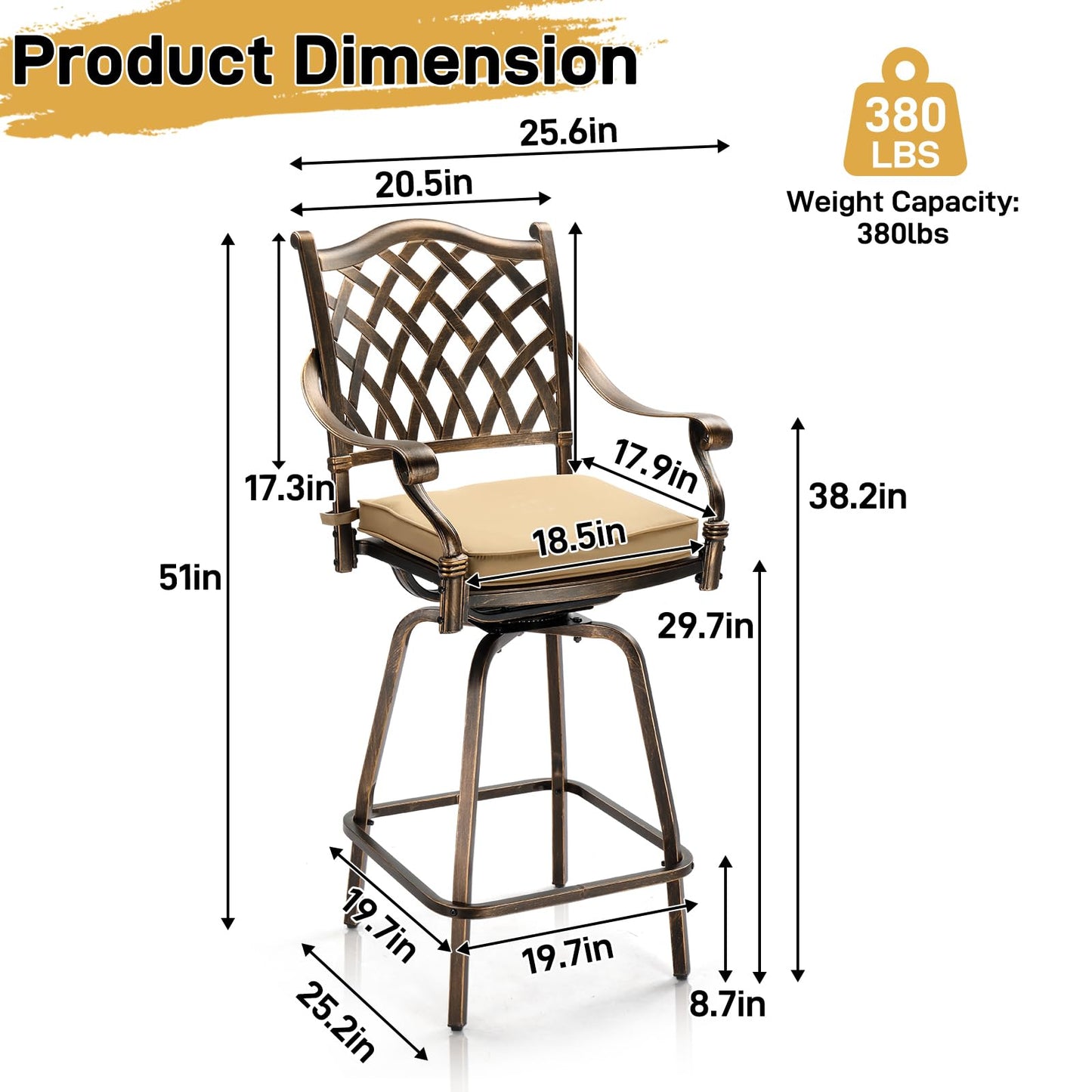 VINGLI 3 Piece Outdoor Patio Bar Set, Cast Aluminum Outdoor Swivel Bar Stools and Table w/Umberlla Hole, All-Weather Outdoor Bar Table and Chairs High Top Bistro Set w/Cushions (Grid Back)