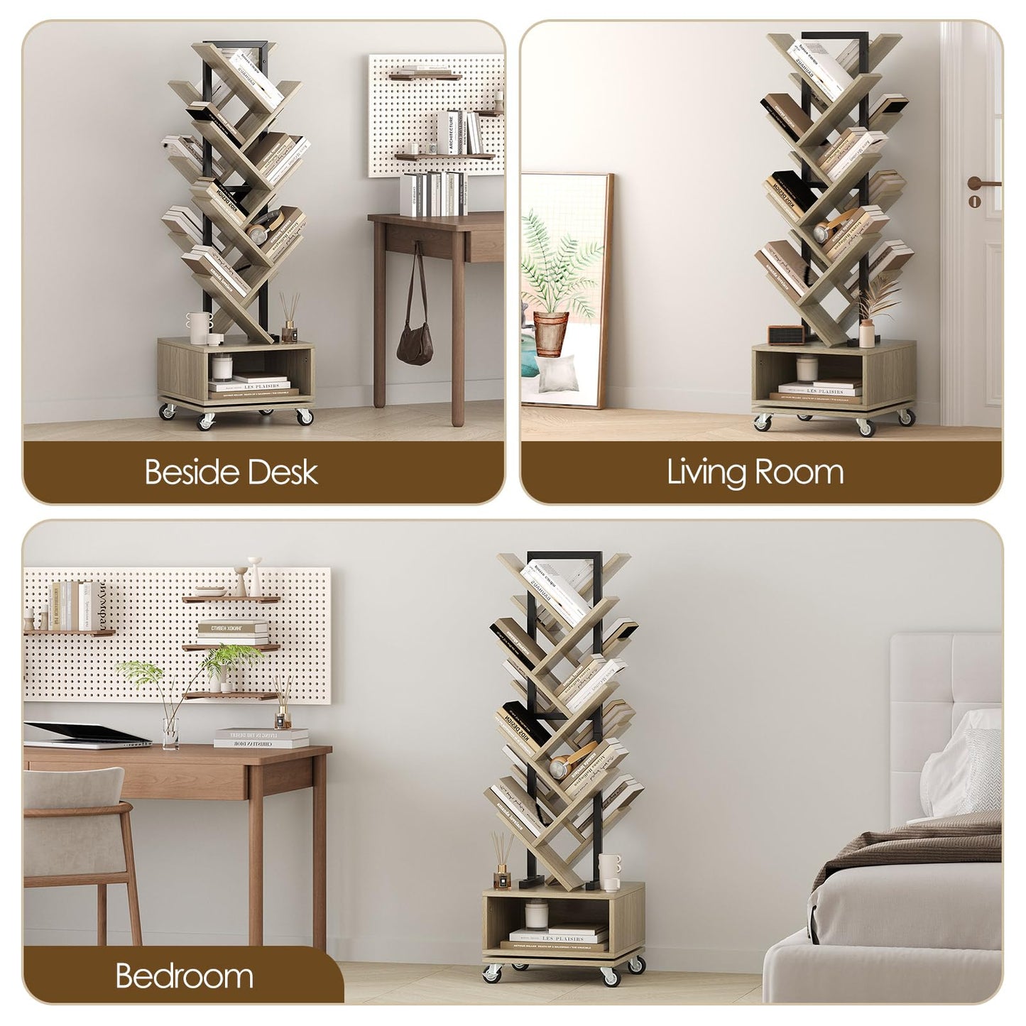 iabifo Double Sided Rotating Tree Bookshelf - 7-Tier Retro Floor Standing Bookcase, Wood Storage for Books, CDs, Movies, Perfect for Small Spaces in Bedroom, Living Room, Home Office, Grey