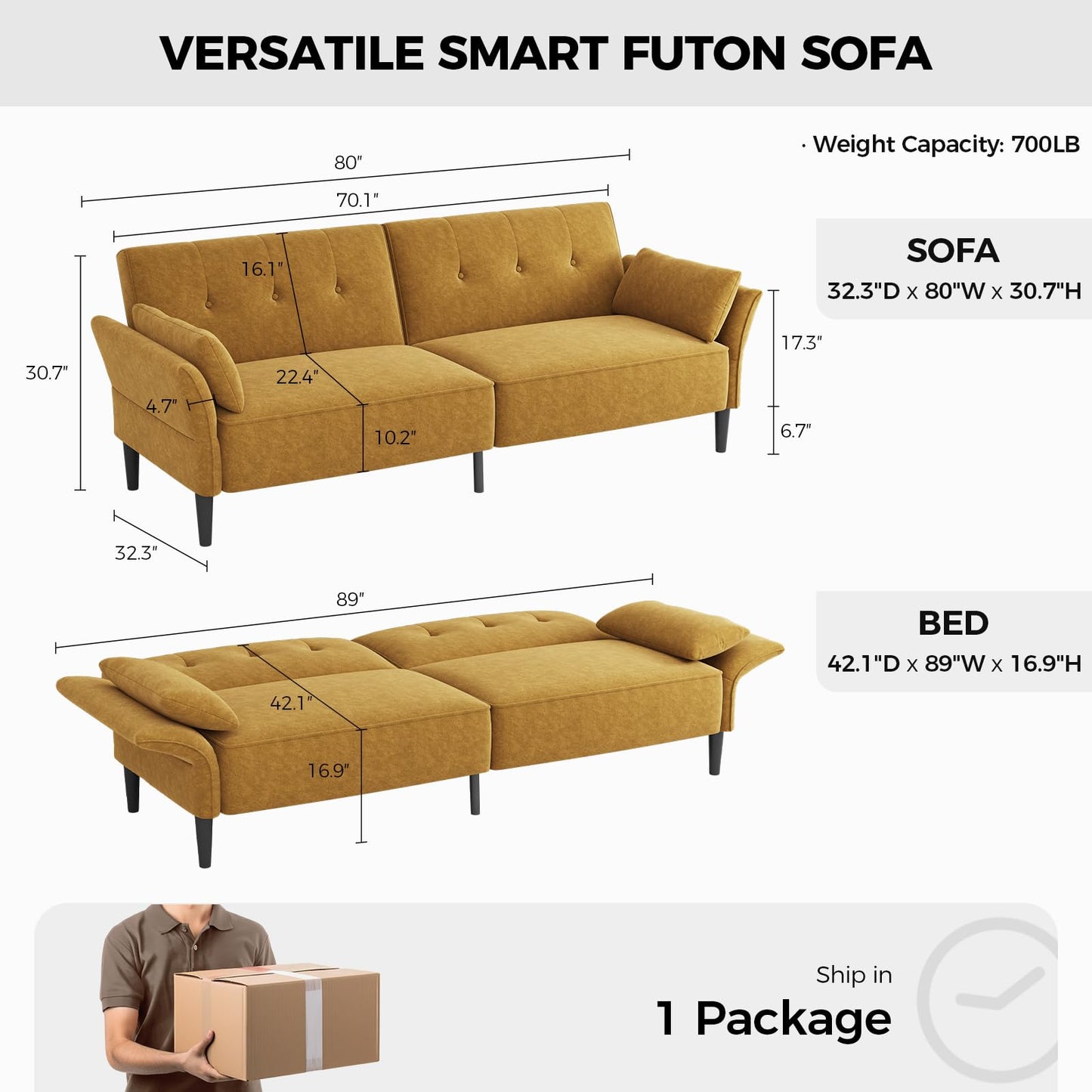 COPIAE 89” Futon Sofa Bed,Comfy Futon Couch Bed with 2 Square Pillows, Convertible Sleeper Sofa with Adjustable Backrest& Armrests, Modern Loveseat Sleeper for Living Room, Bedroom, Yellow