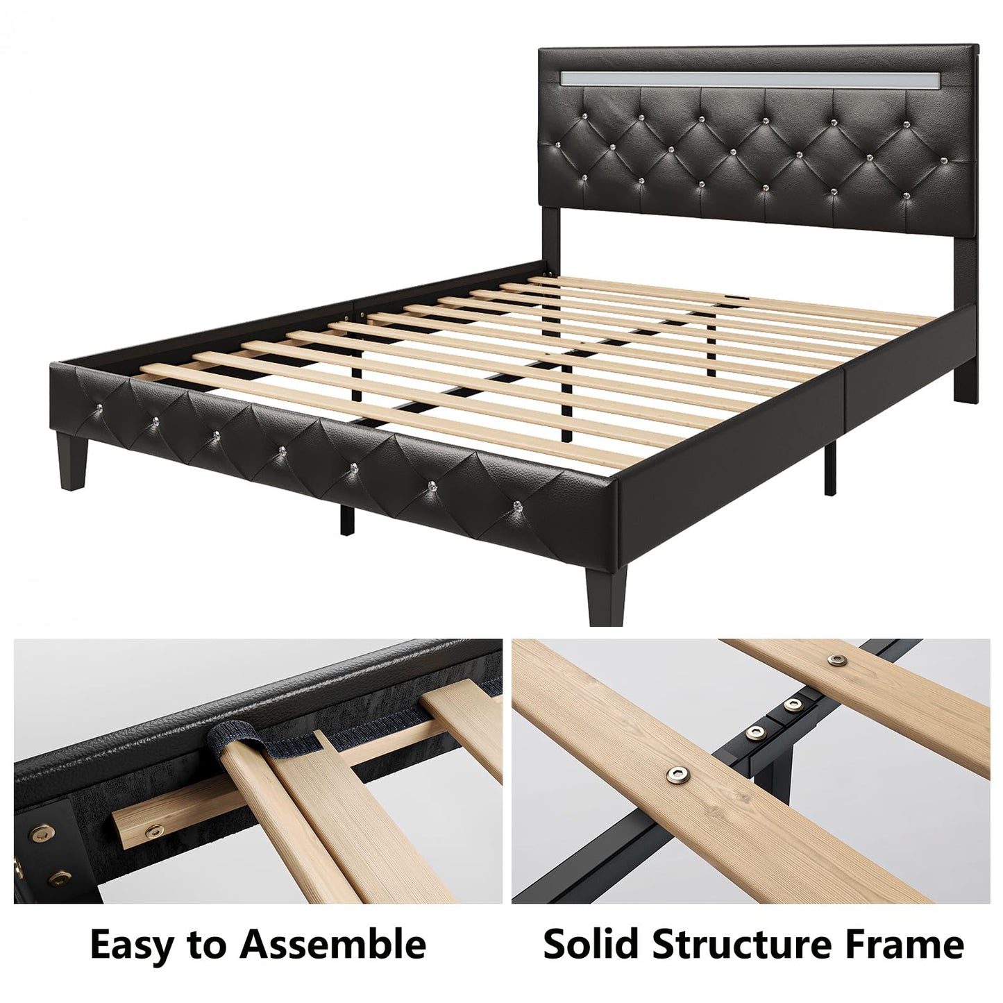Benevika Full Size Bed Frame with LED Lights, Upholstered Platform Bed Frame with Adjustable Headboard and Charging Station, Wooden Slats Support, Easy Assembly, No Box Spring Needed, Black