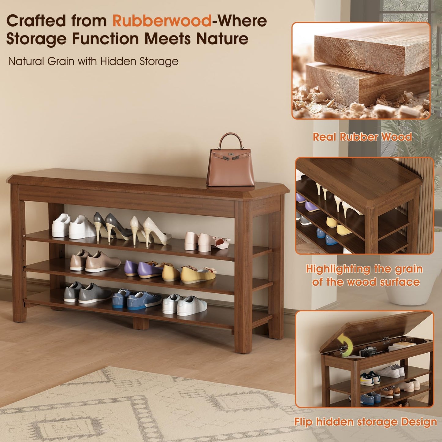 IUNVR Shoe Rack Bench Seat Rubberwood 3-Tier Wooden Storage Bench 550lbs Compact Mid-Century Modern Design for Entryway, Hallway, Closet, Front Door Entrance, Foyer