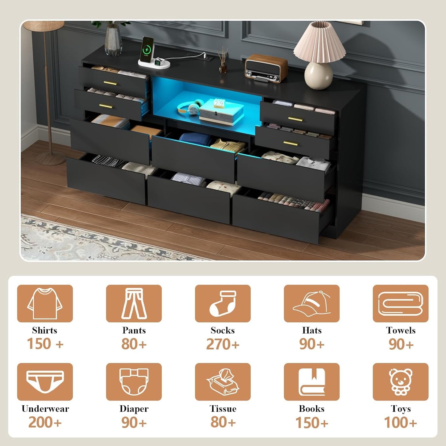 Loomie 10 Drawer Black Dresser with Charging Station & Led Lights for Bedroom, Long 58" Triple Wide Dresser TV Stand for TVs up to 65", Wide Chest of Drawer, Large Dressers Organizer with Open Cubby