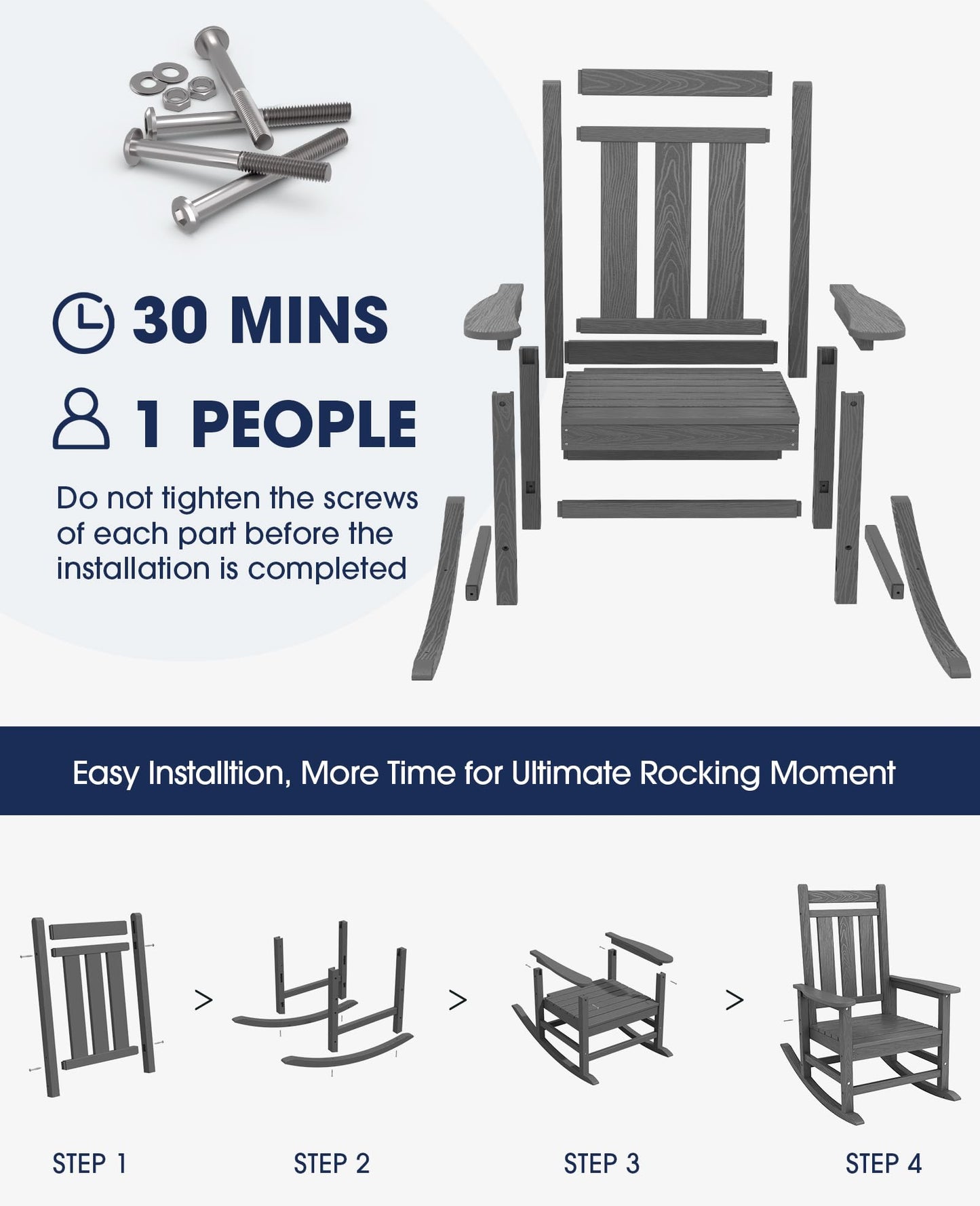 KINGYES Oversized Outdoor Rocking Chairs Set of 2, Grey