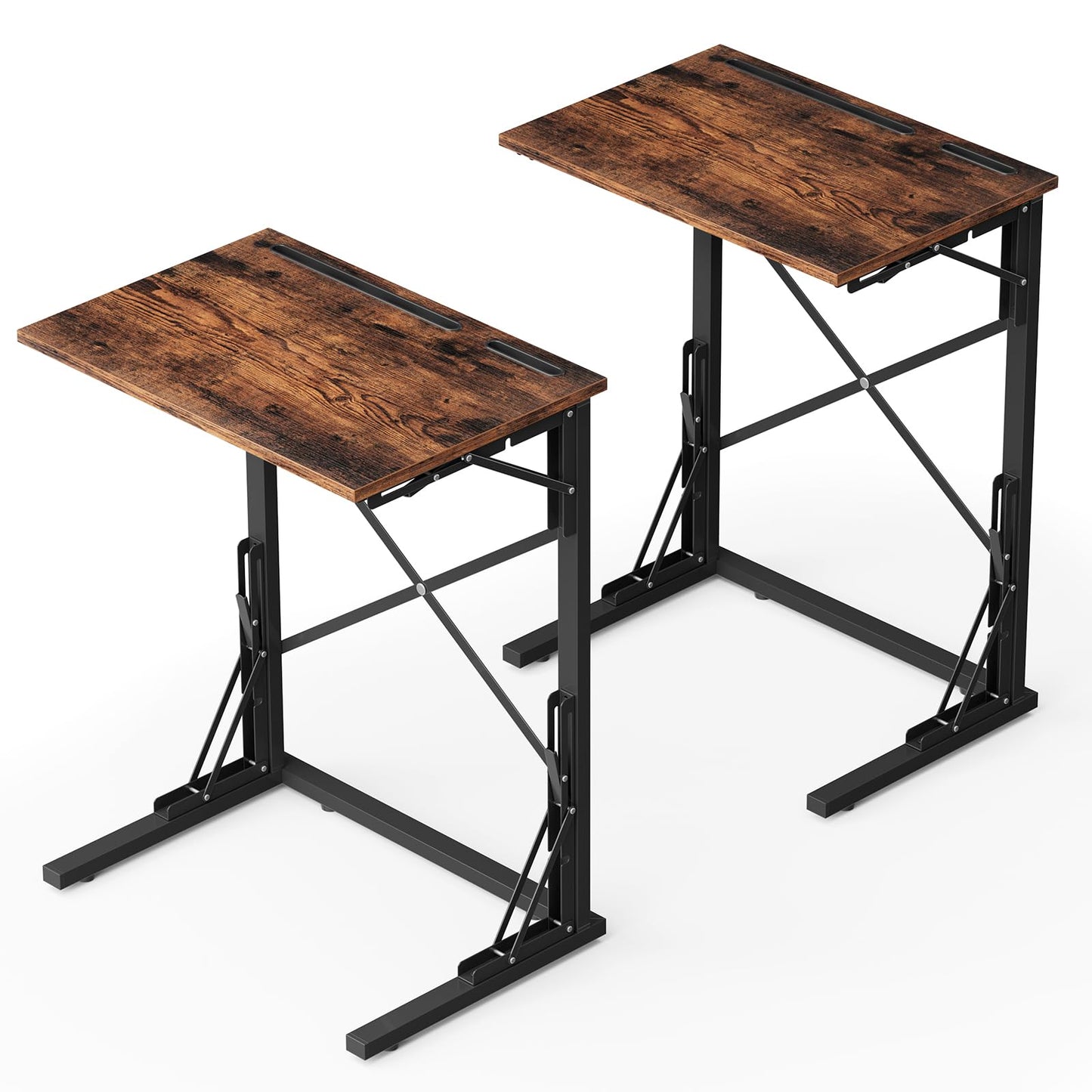 Evermagin 21''Wx28''H TV Tray Set of 2, Small Foldable C-Shaped End Table for Eating with Tablet and Phone Slots, Slide Under Couch Side Table for Recliner, Living Room, Bedroom, Rustic Brown