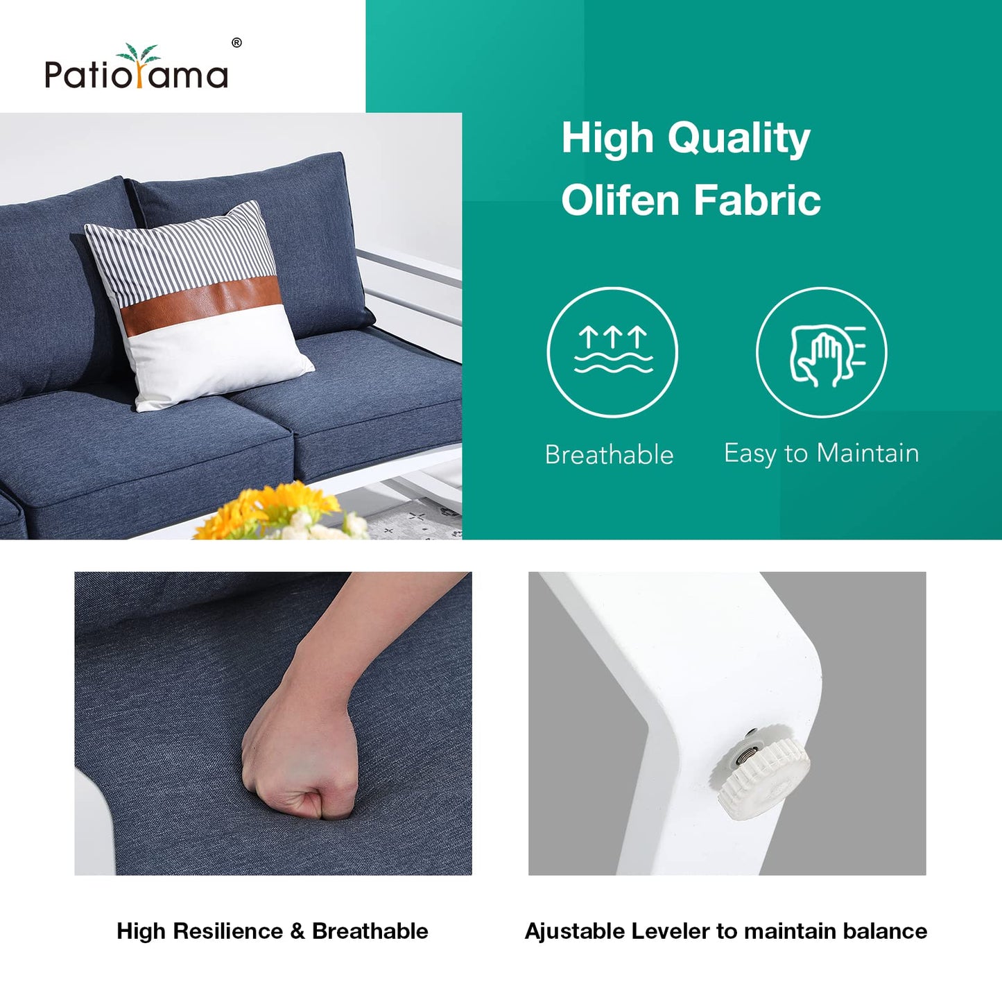 Patiorama Aluminum Patio Furniture Set, Outdoor Patio 3-Seater Sofa, 3 Seats Couch, All Weather White Metal Chair with Olefin Cushion, Deep Seating, 800 lbs Capacity, Deck, Garden-Blue Cushion