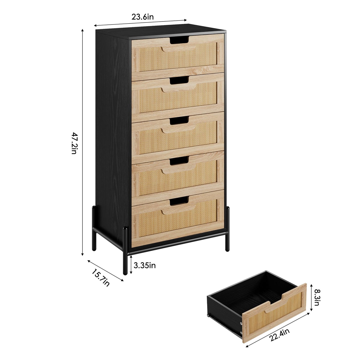 GAOMON Natural Rattan 5 Drawer Dresser, Wooden Chest of Drawer, Farmhouse Storage Cabinet with Metal Legs, Modern Dresser for Bedroom, Living Room, Entryway, Black&Oak