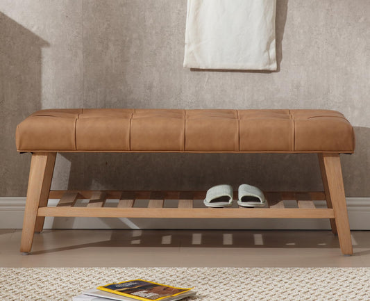 chairus Entryway Bench 2-Tier Shoe Bench Upholstered PU Leather Storage Ottoman Bench Button-Tufted End of Bed Bench with Solid Wood Shelf for Living Room, Bedroom, Hallway, Brown