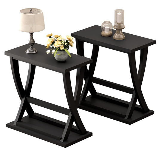ChooChoo Black End Tables Living Room Set of 2, Narrow Side Table with Storage Shelf, Modern X-Design Slim End Table for Living Room, 11.8" D*23.6" W*23.4" D