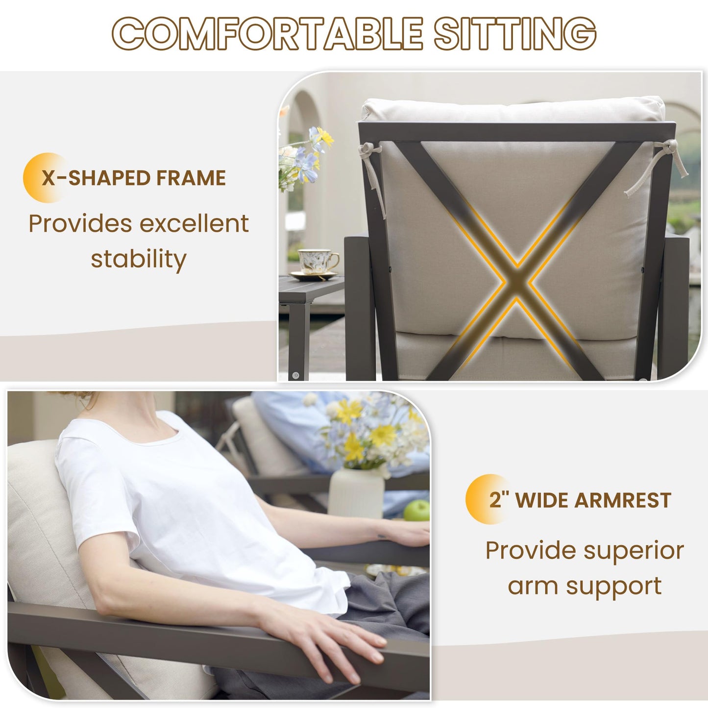 UDPATIO Rocking Chair Outdoor Set 2 with Coffee Table, 3 Piece Metal Rocking Bistro Set with 6.5" Water-Resistant Cushions, Oversized, 350lbs Heavy-Duty, for Porch, Patio, Balcony, Beige