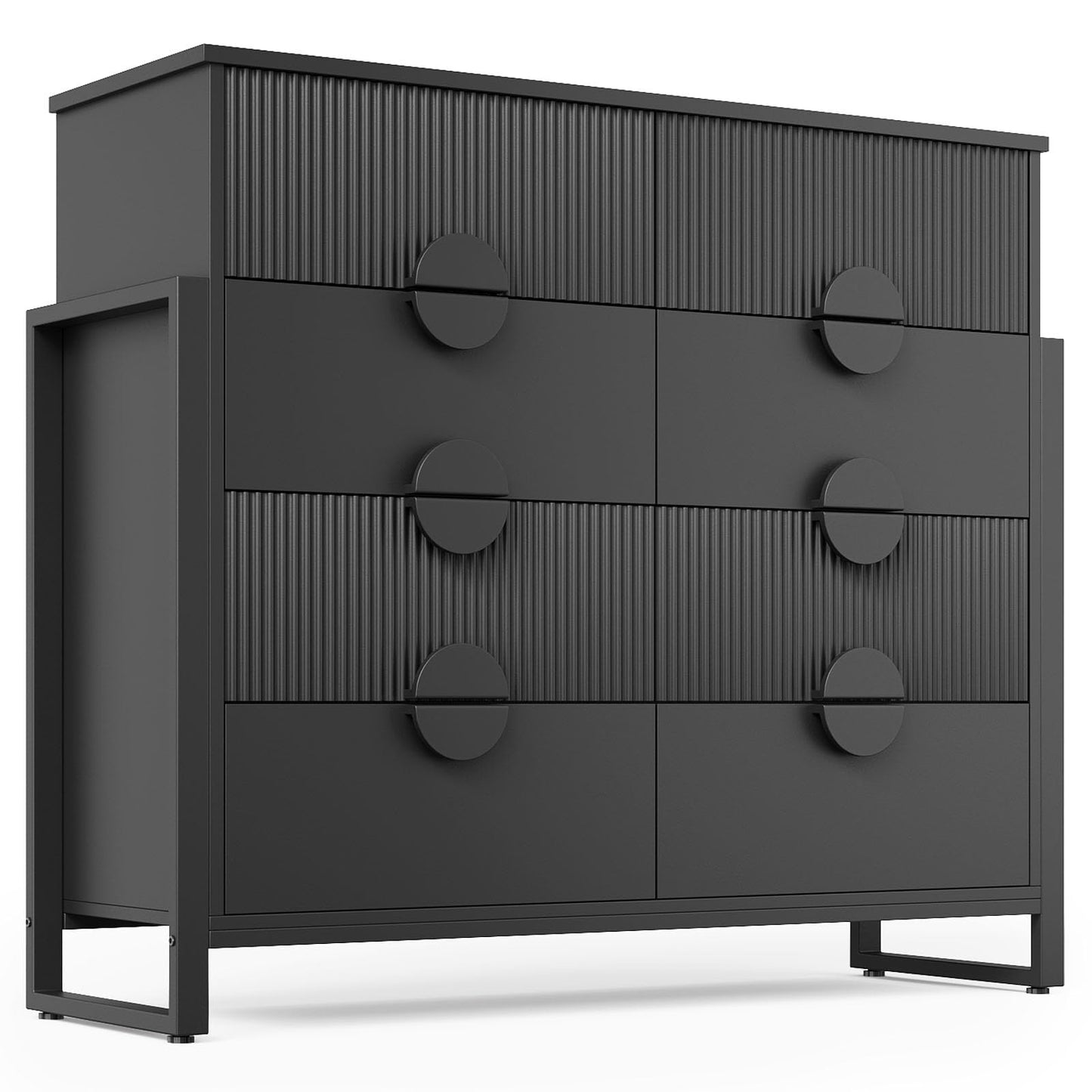 LGHM Fluted Black Dresser for Bedroom, Modern 50" Wide Chest of Drawers, 8 Deep Drawers 42.8" Tall Dresser with Raised H Legs -Curved Profile Design, Easy Round Handles for Bedroom,Livingroom, Black
