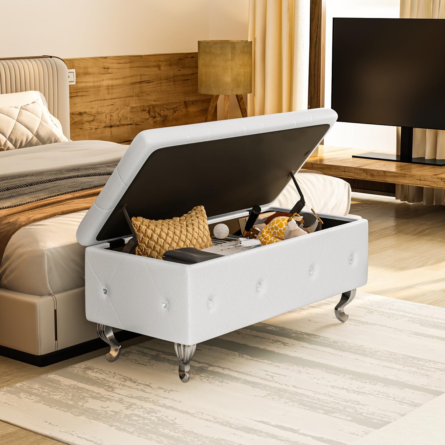 DKLGG Storage Ottoman Bench for Bedroom, Upholstered Entryway Bench with Legs & Safety Hinge, Small Storage Bench for Living Room/End of Bed/Entryway/Window, White