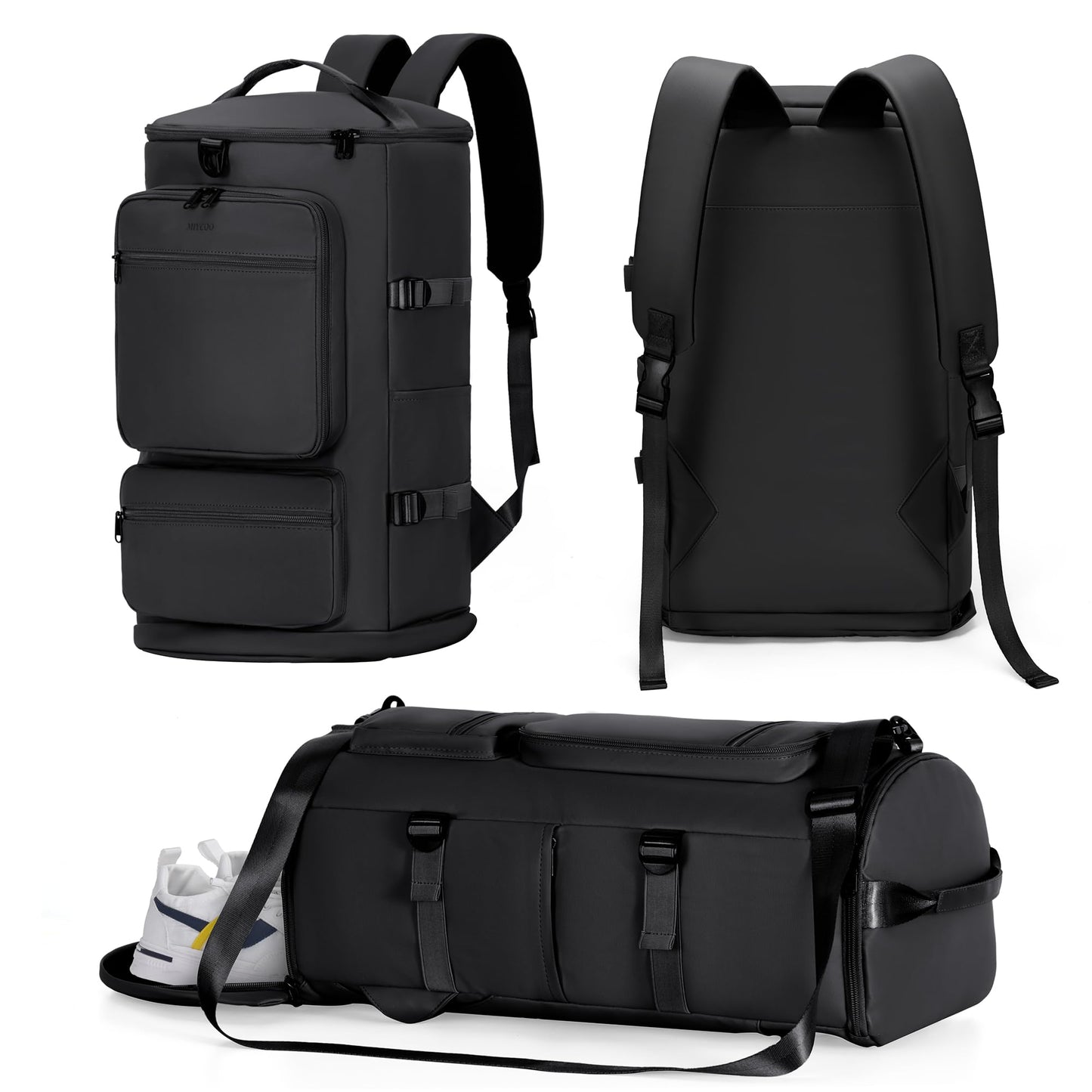 Gym Bag for Men Women - 3 in 1 Duffle Bag and Gym Backpack with Shoes Compartment and Wet Pocket - Sports Bag Carry On Weekender Overnight Backpack for Travel, Black, MIYCOO