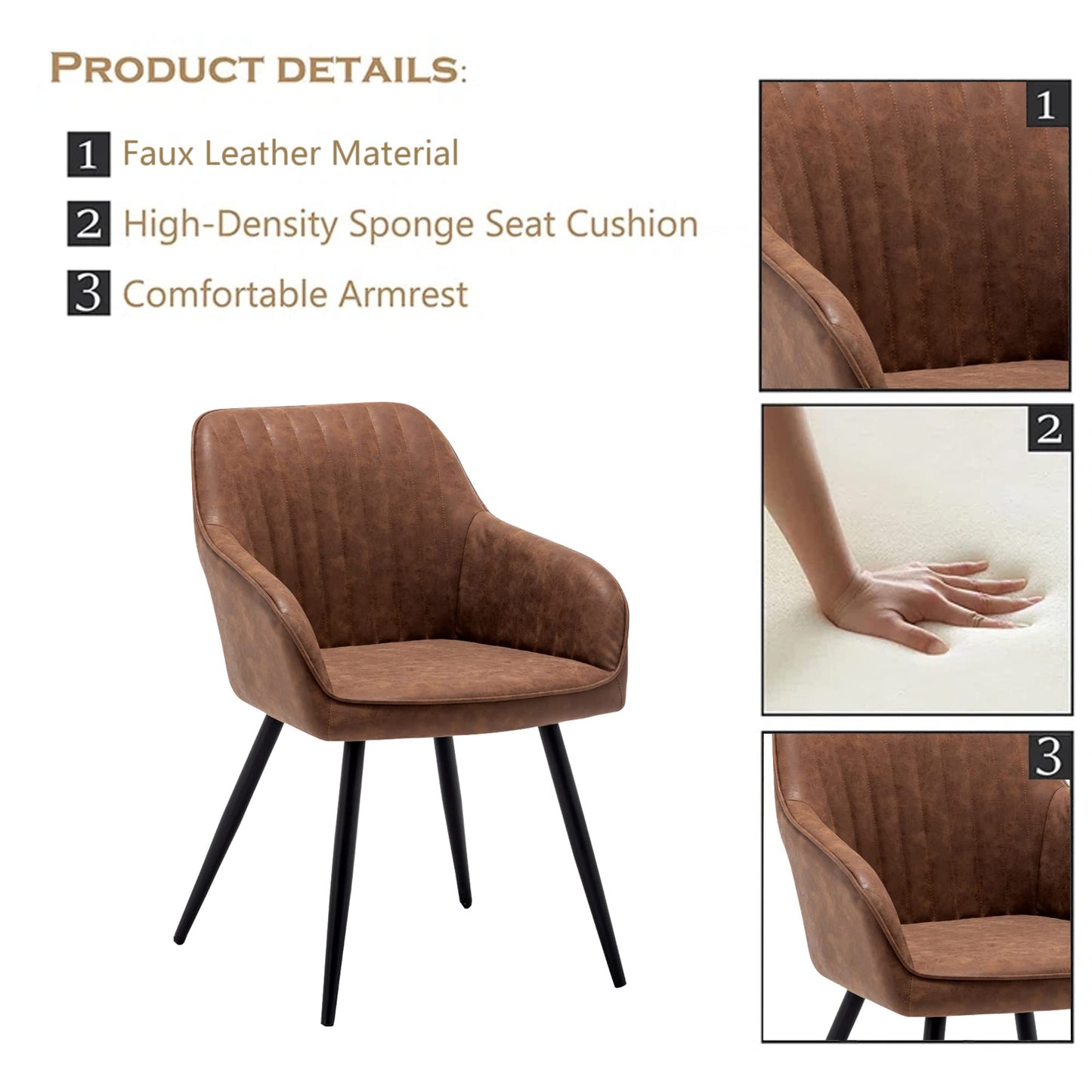annjoe Faux Leather Accent Arm Chairs for Living Room Leisures/ Upholstered Chair with Metal Legs Set of 2 for Home Kitchen Office Bistro Cafe, Brown