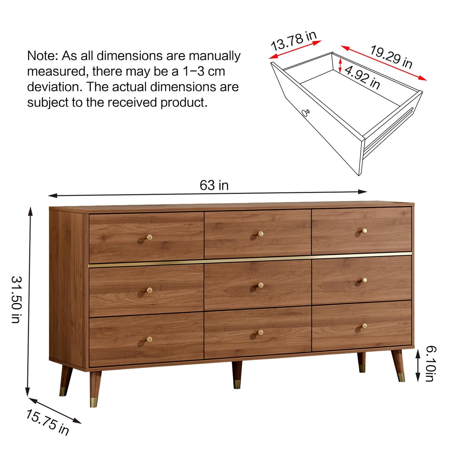 Chrangmay 9 Drawer Dresser,63" Wide Mid Century Modern Chest of Drawers,Wooden Bedroom Drawer Dresser with 9 Storage Drawers for Bedroom, Living Room,with Anti-Tipping Device,Umber