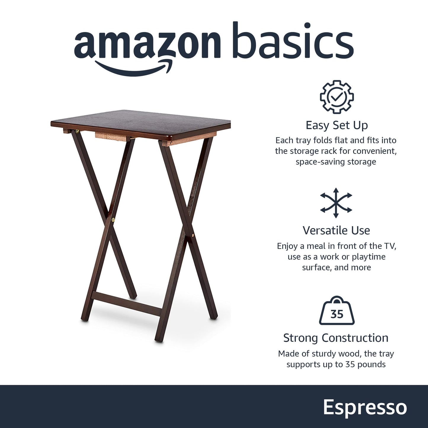 Amazon Basics Classic Foldable TV Dinner Tray Table with Storage Rack, 14.6 L x 19 W x 26 H inch, Espresso, 4-Pack