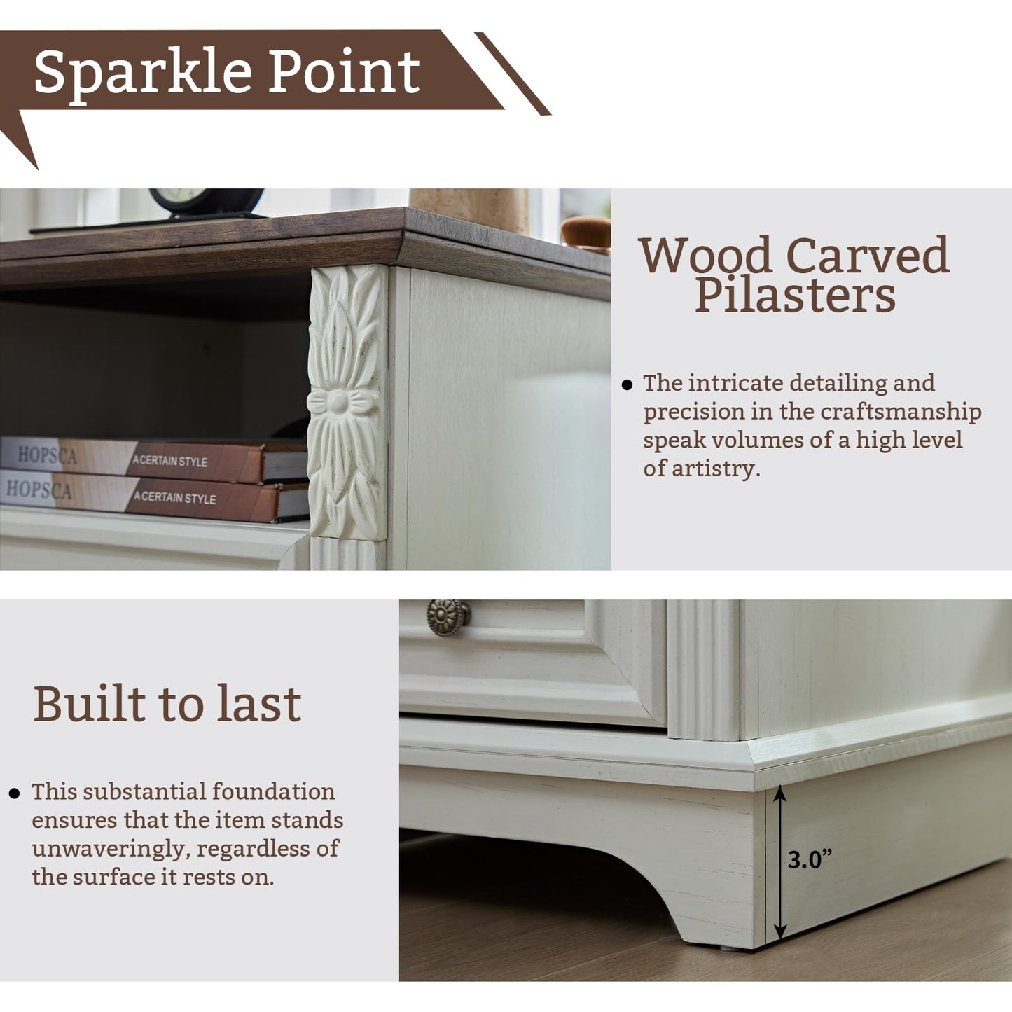 BOSHIRO Farmhouse Nightstand wtih Charging Station, 20" End Table with 2 Drawers, Night Stand Side Table Storage Cabinet with Carved Pilasters for Bedroom, Living Room, Wood Rustic, Antique White