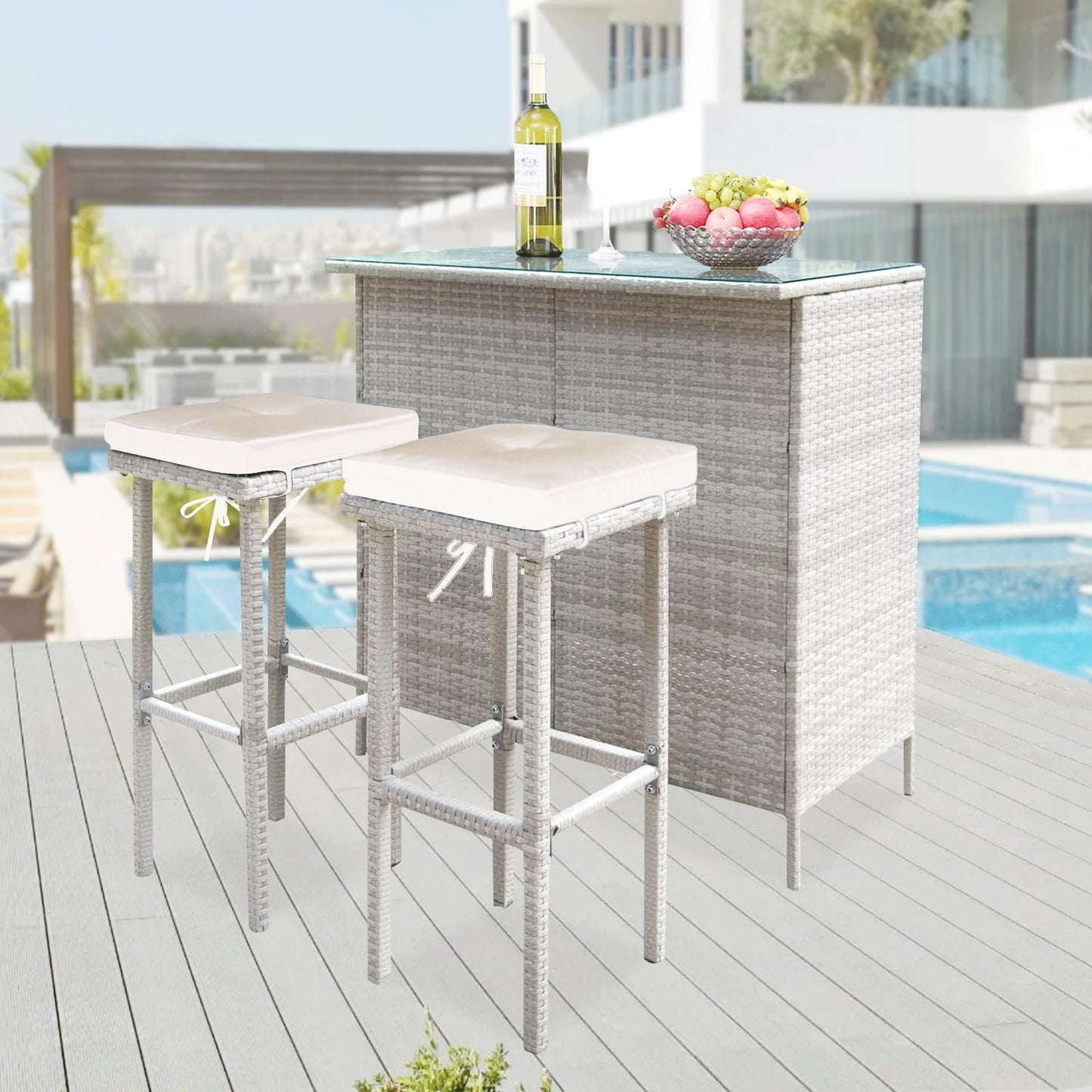 Rtbackyards 3Pcs Outdoor Bar Set, Patio Wicker Bar Furniture with 2 Storage Shelves, Glass Top Table, 2 Stools with Cushions for Patios, Backyards, Porches, Gardens, Lawn or Poolside